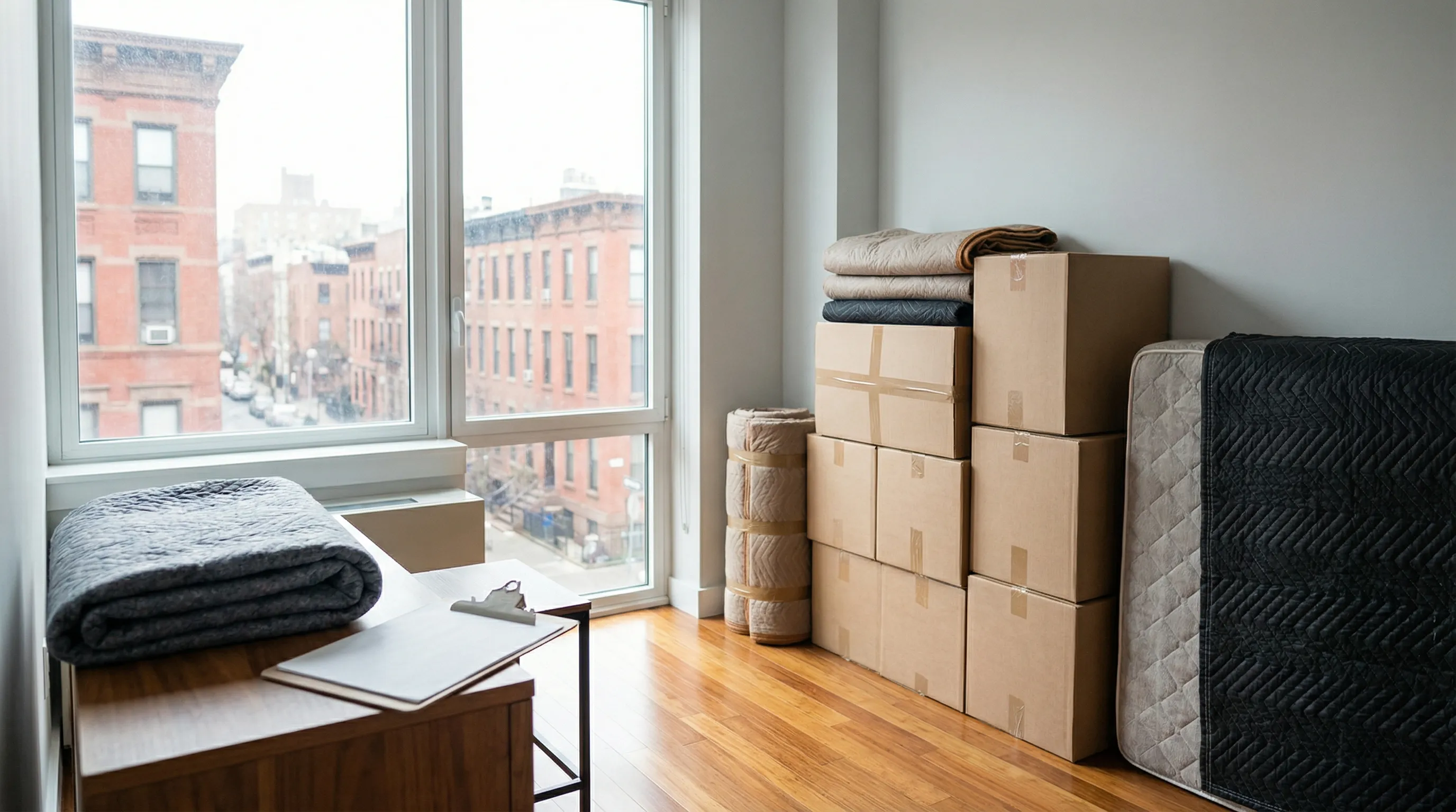 Moving crew carefully carrying furniture out of a walkup apartment building on a Paterson, NJ residential street