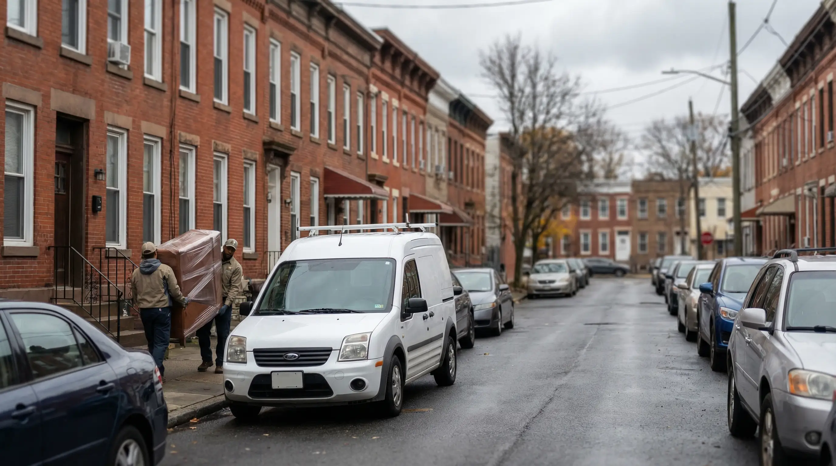 Moving crew carefully carrying furniture out of a walkup apartment building on a Paterson, NJ residential street