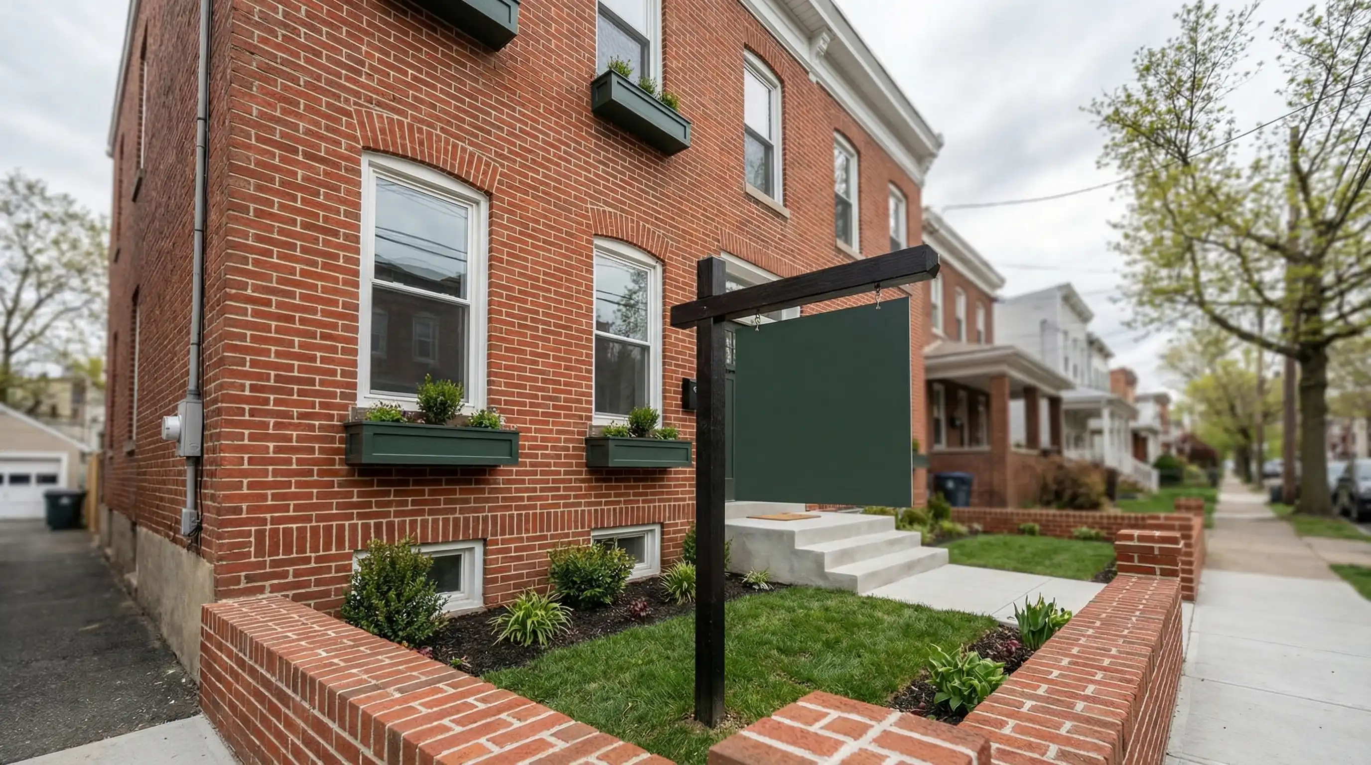Real estate agent showing a two-family home to prospective buyers on a residential street in Paterson, NJ