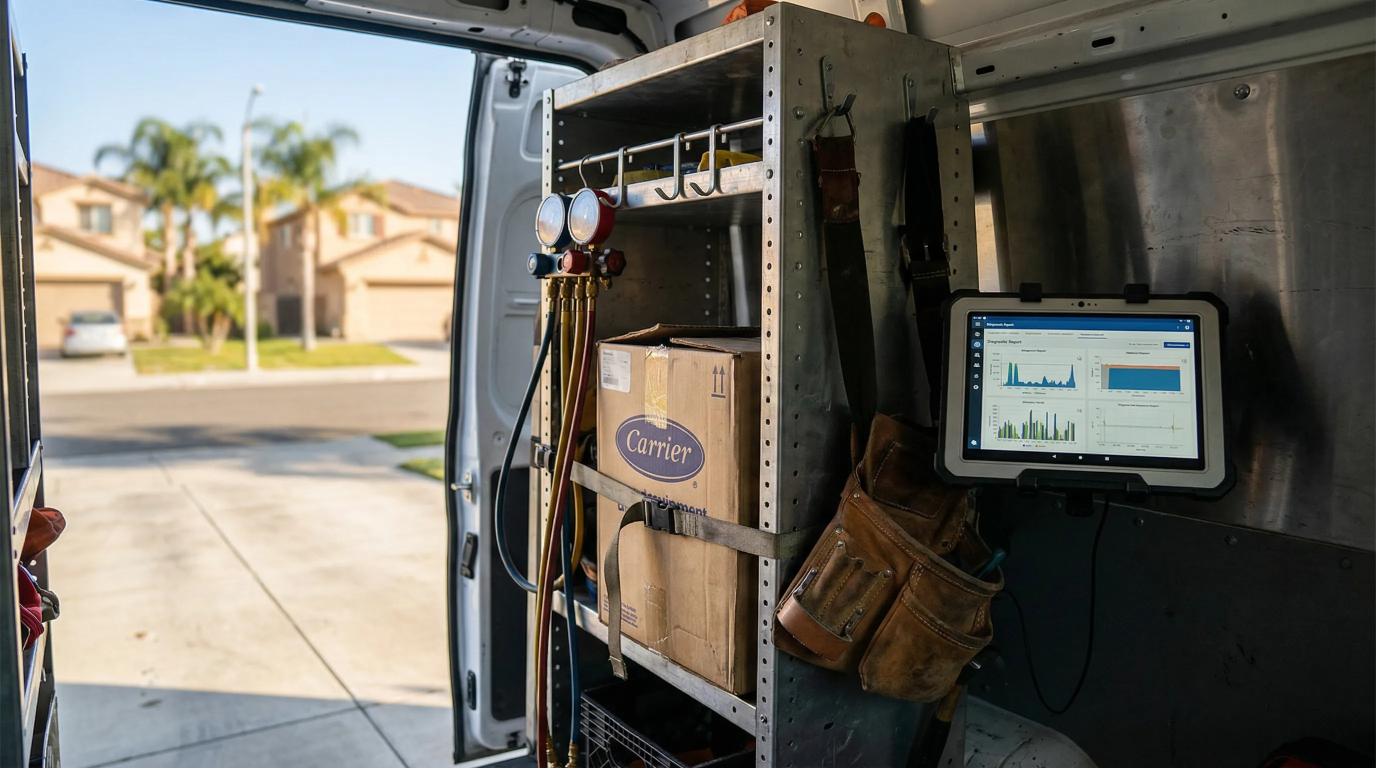 Professional HVAC technician servicing residential AC unit in Corona, CA suburban neighborhood