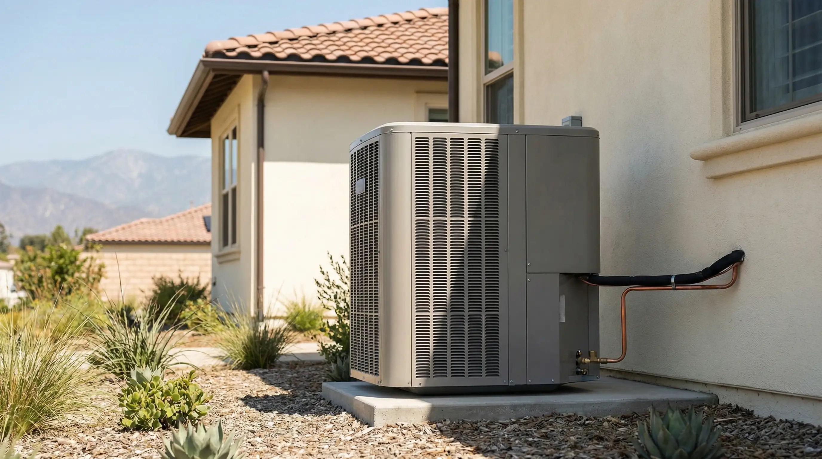 Professional HVAC technician servicing residential AC unit in Corona, CA suburban neighborhood