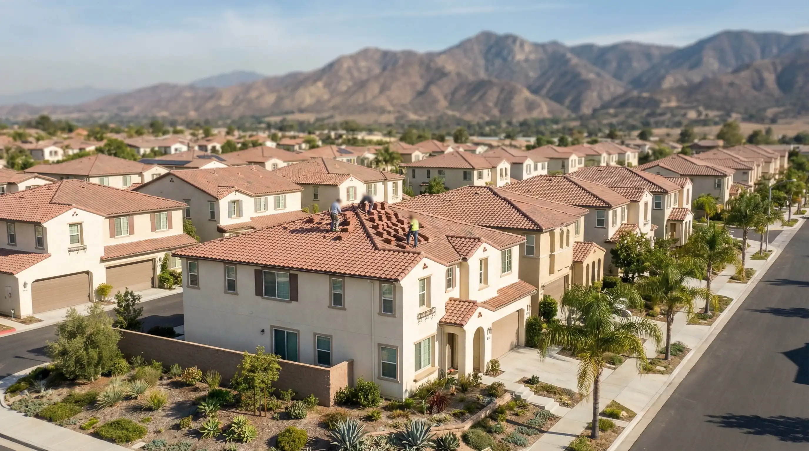 Roofing contractor reviewing inspection report for tile roof replacement in Corona, CA