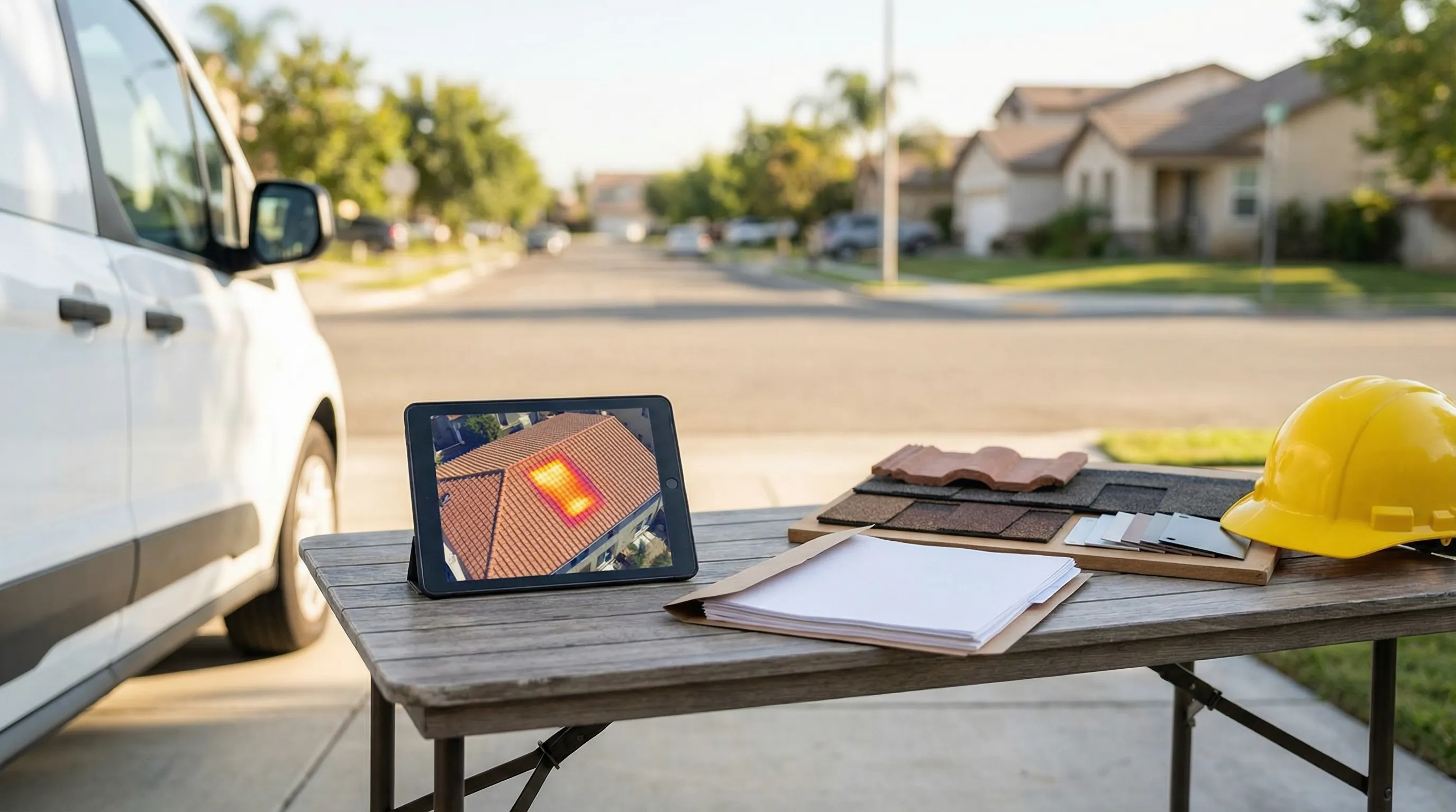 Roofing contractor reviewing inspection report for tile roof replacement in Corona, CA