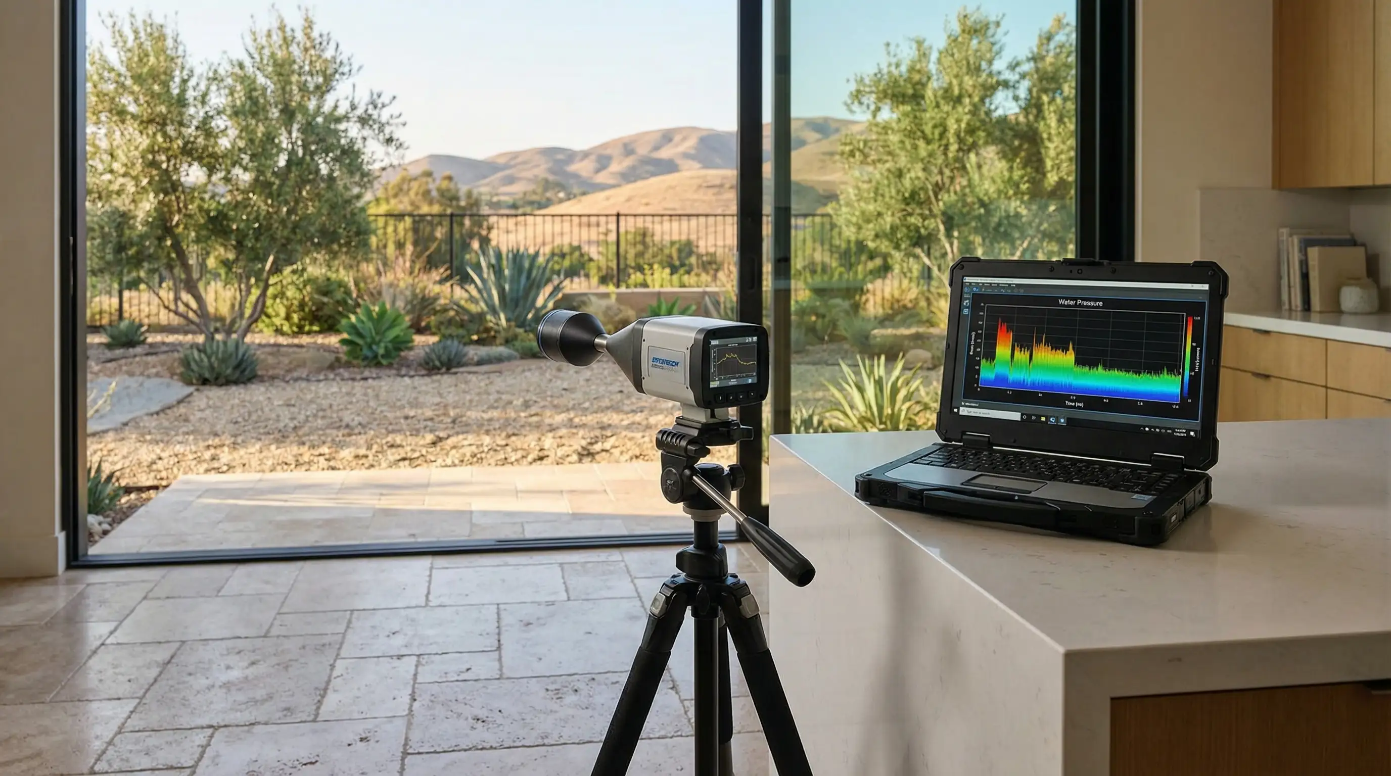 Licensed plumber conducting slab leak diagnostic in a Corona, CA residential home