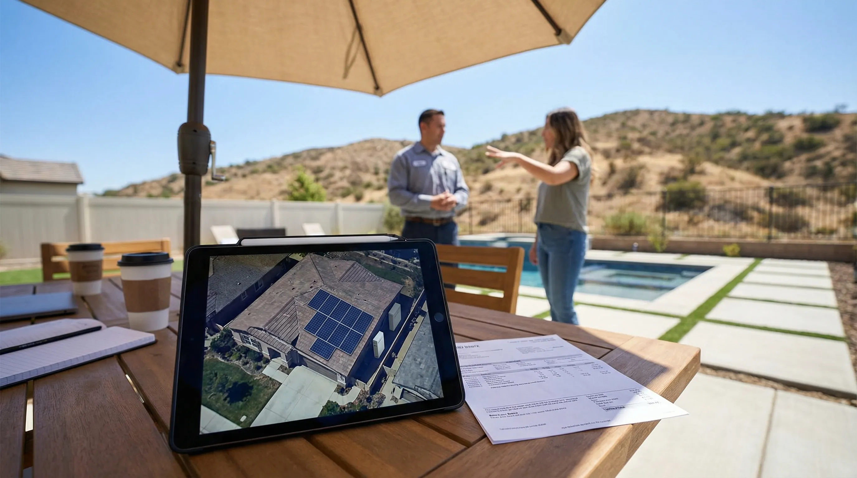Solar installation consultation with Inland Empire homeowner reviewing NEM 3.0 savings estimate in Corona, CA