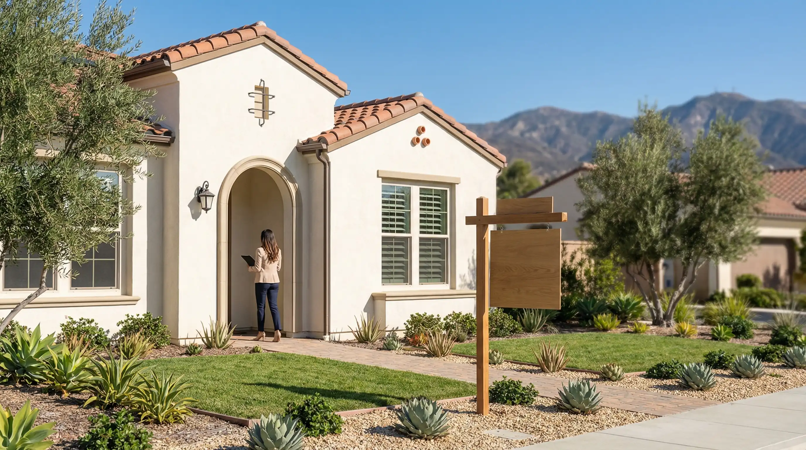Real estate agent reviewing Corona CA property listings and CMA with clients at a South Corona home consultation