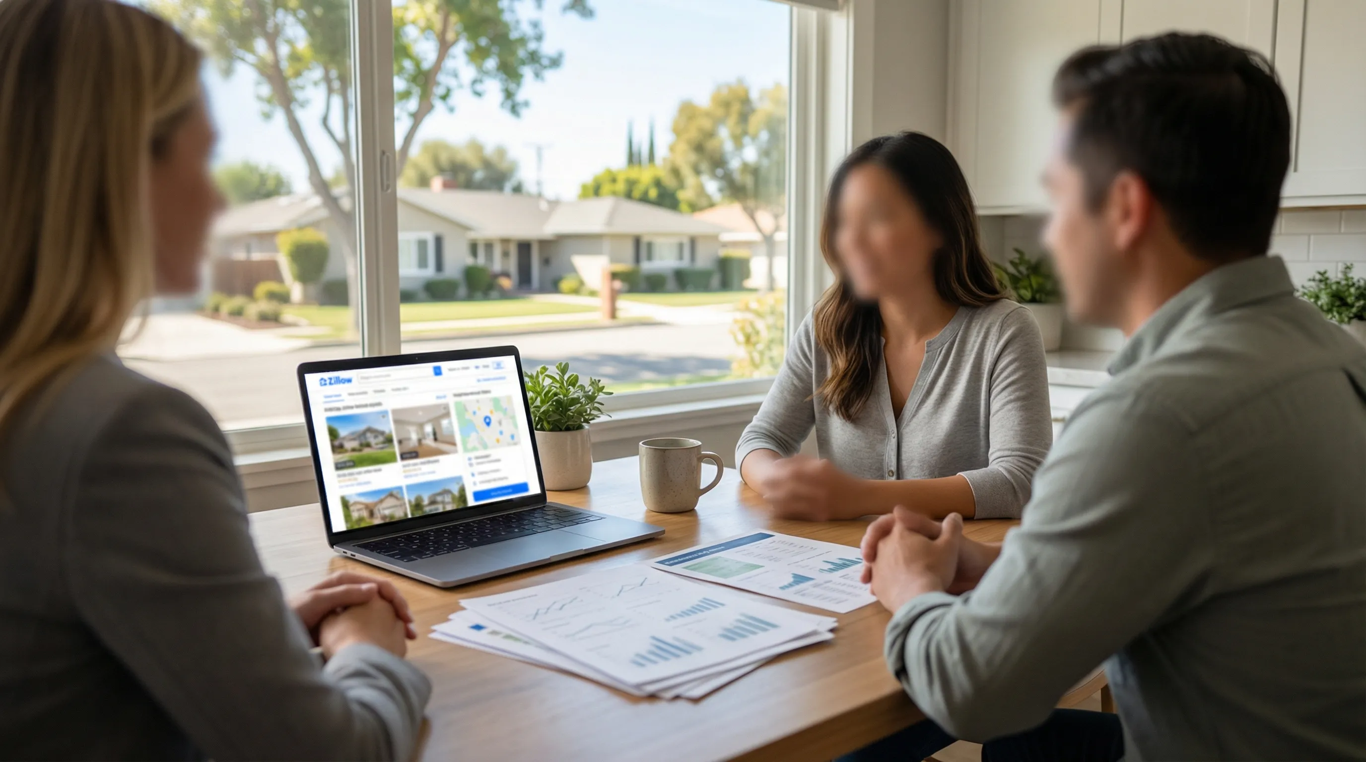 Real estate agent reviewing Corona CA property listings and CMA with clients at a South Corona home consultation