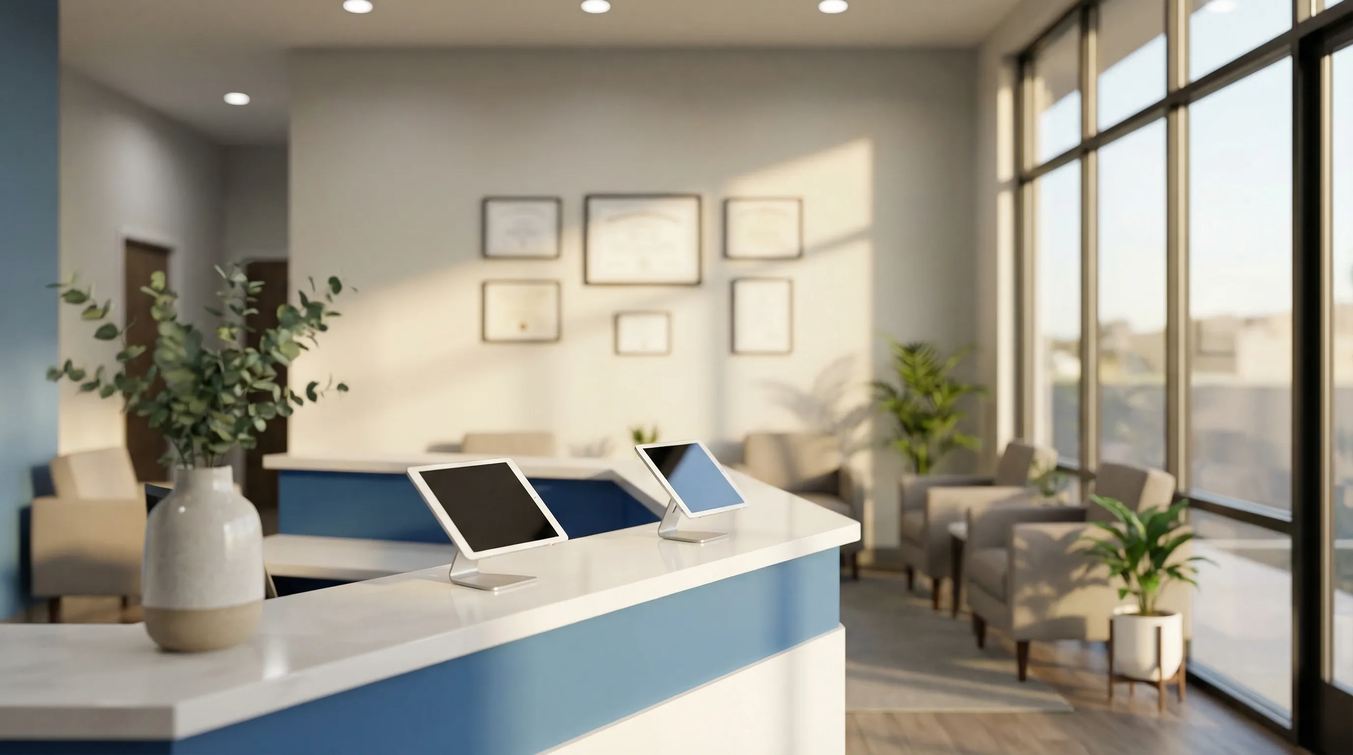 Dentist reviewing digital X-rays with patient in modern Corona CA dental office, cosmetic and family dentistry