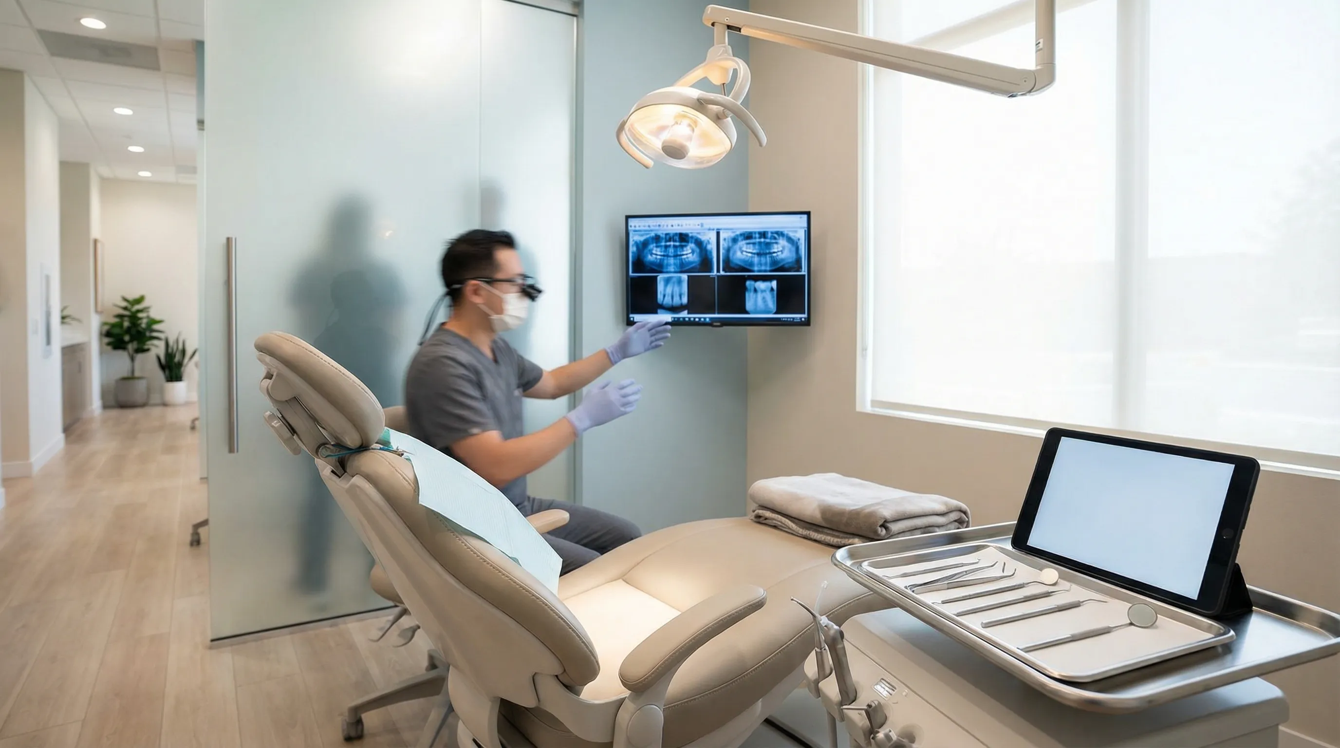 Dentist reviewing digital X-rays with patient in modern Corona CA dental office, cosmetic and family dentistry
