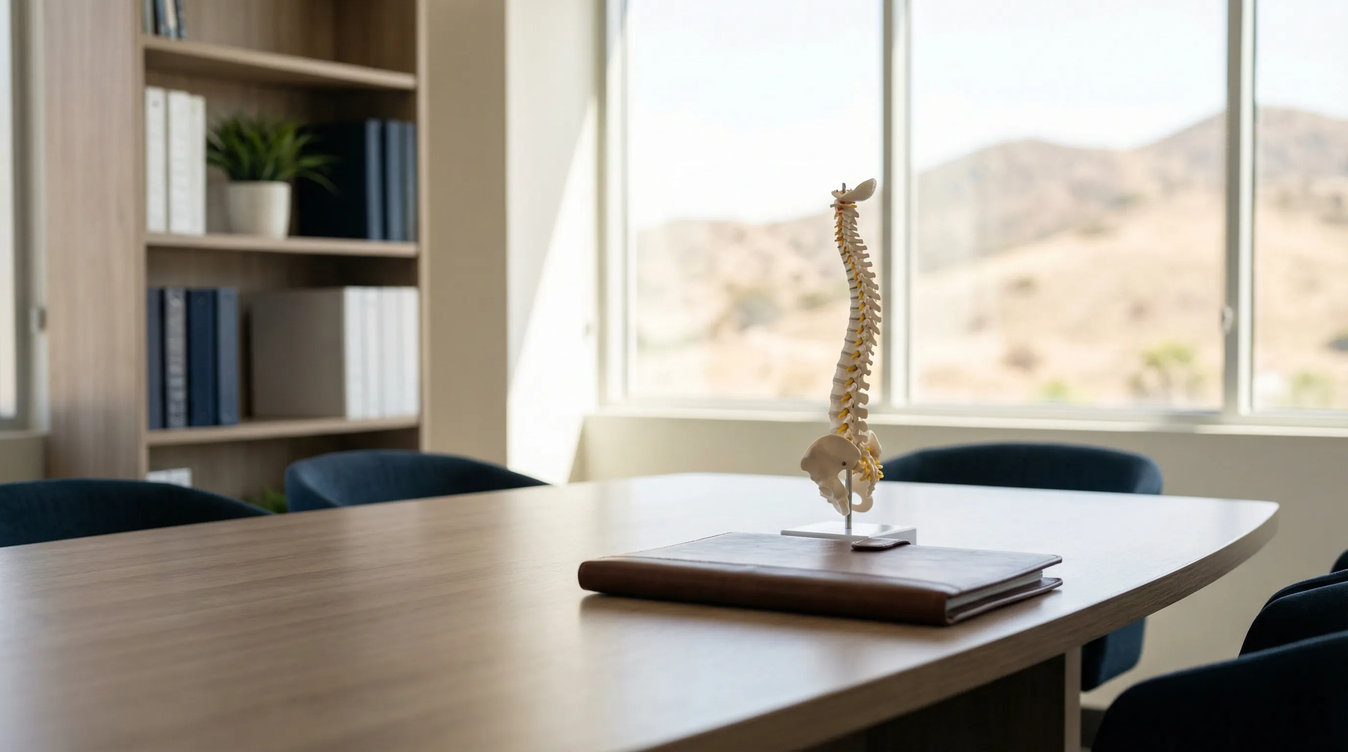Personal injury attorney reviewing accident report documents at consultation table in Corona CA law office