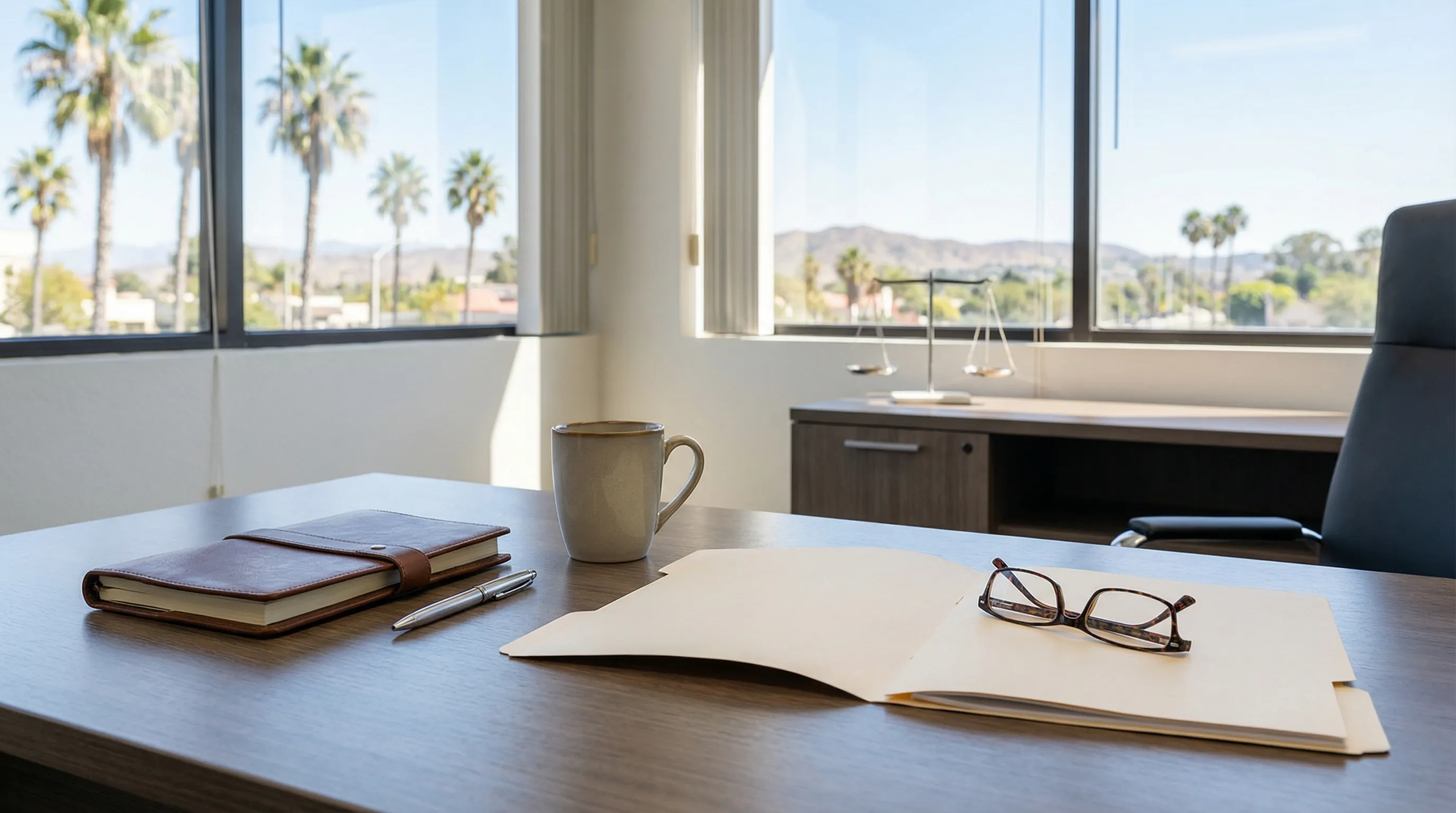 Personal injury attorney reviewing accident report documents at consultation table in Corona CA law office