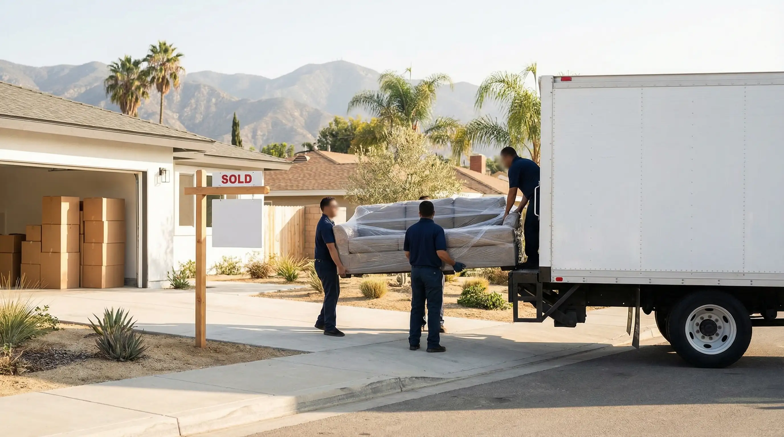 Professional moving crew loading furniture onto truck outside new South Corona home on a sunny day