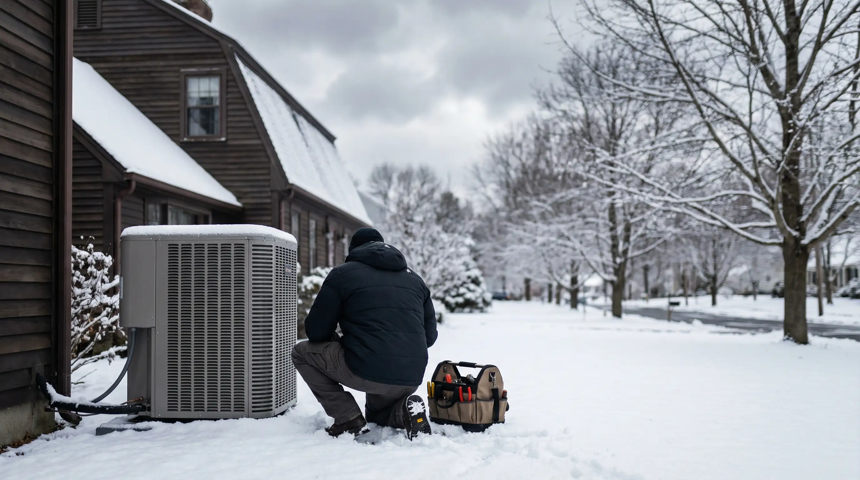 Professional HVAC technician servicing a heat pump unit outside a colonial-style home in Springfield, MA winter