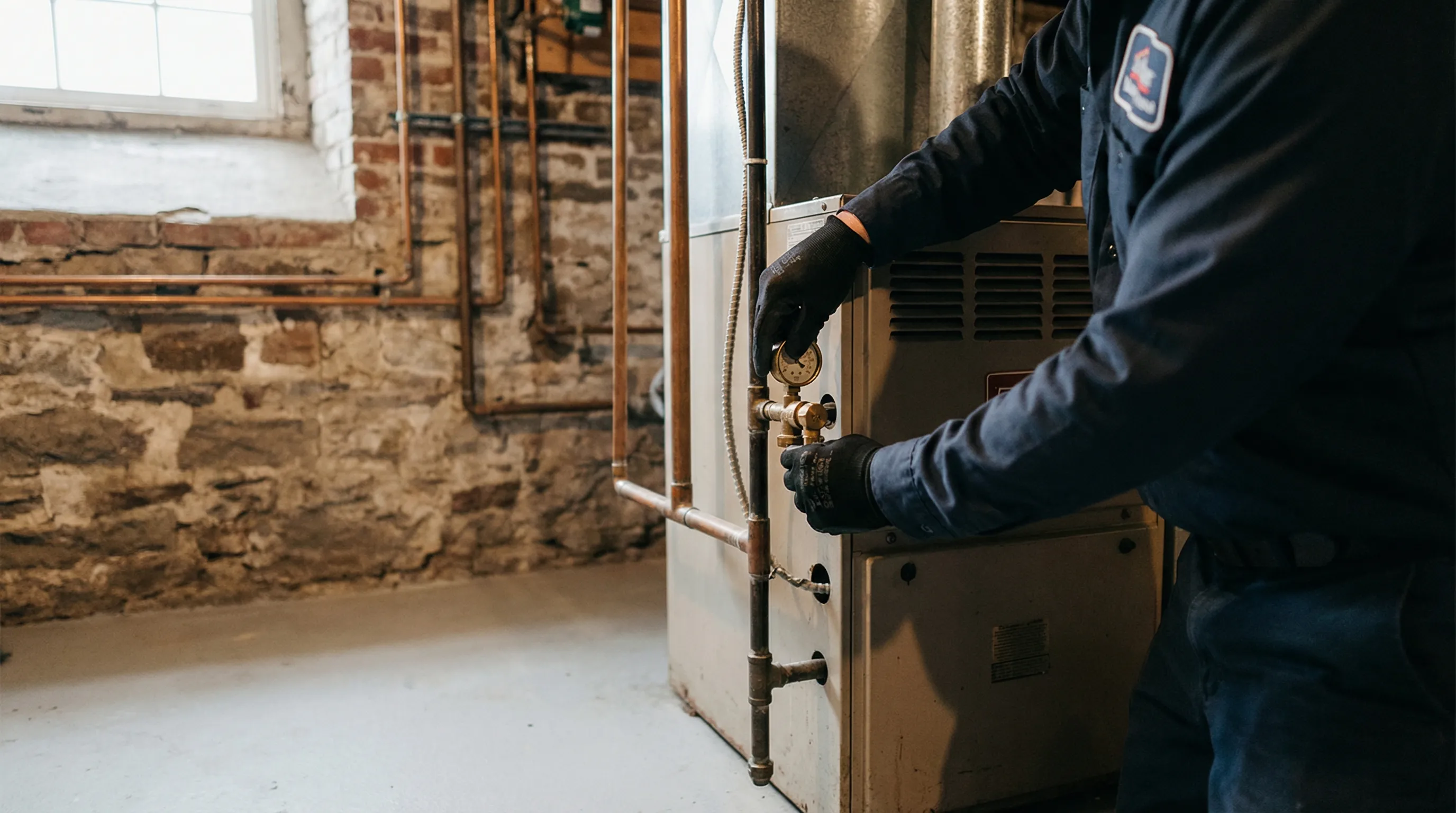Professional HVAC technician servicing a heat pump unit outside a colonial-style home in Springfield, MA winter