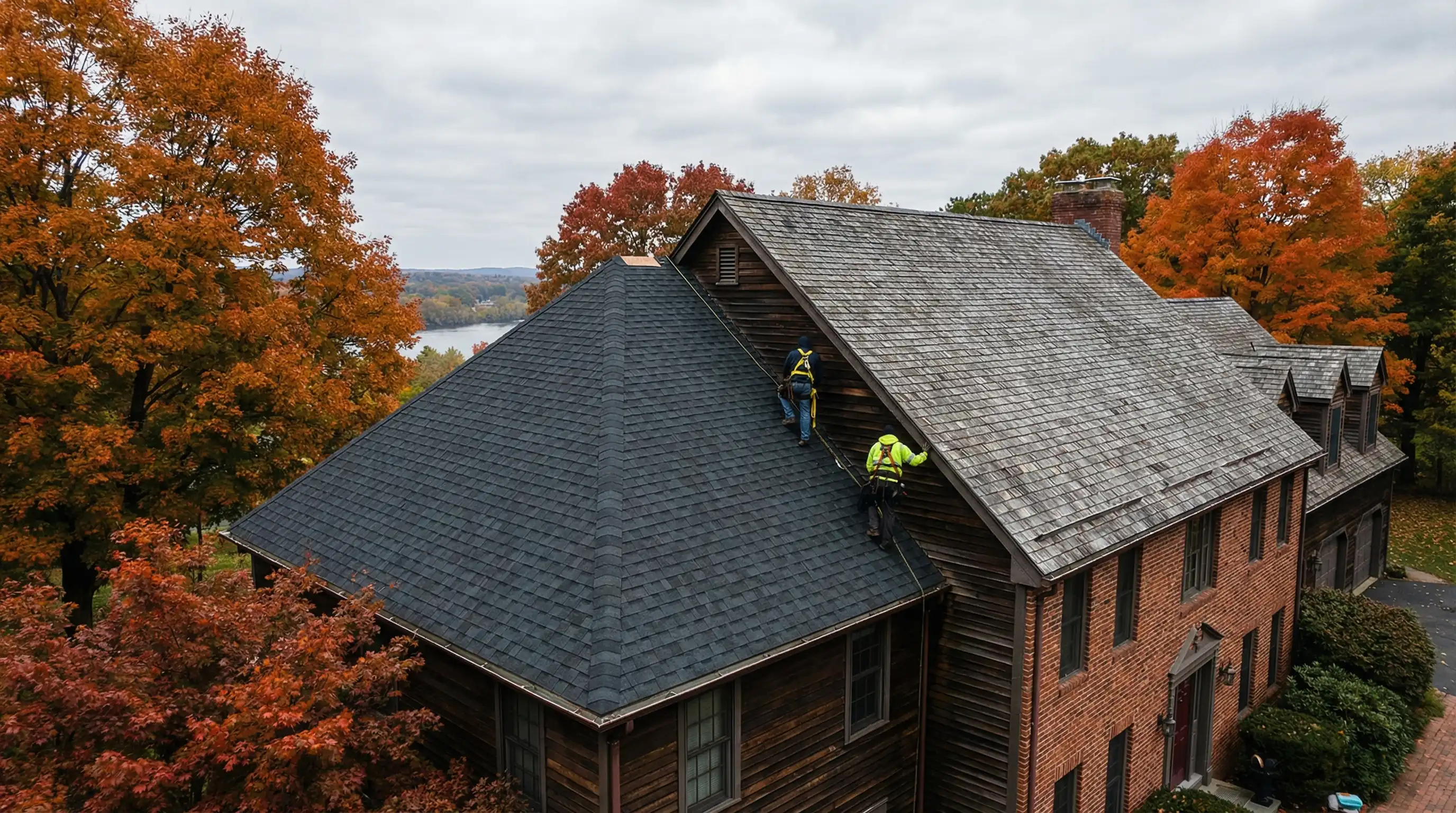 Professional roofer installing architectural shingles on a steep-pitch colonial home in Springfield, MA autumn