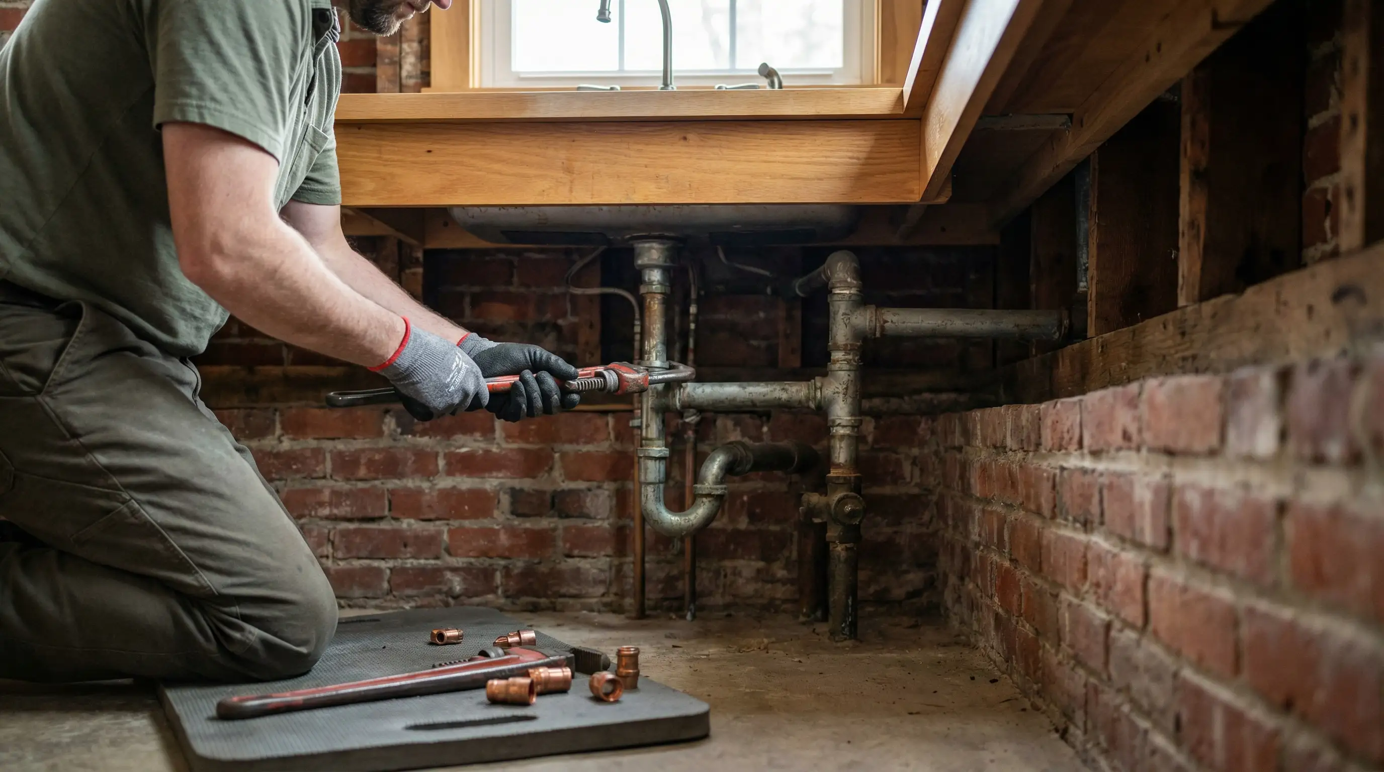 Licensed plumber repairing exposed basement pipes in an older New England home in Springfield, MA