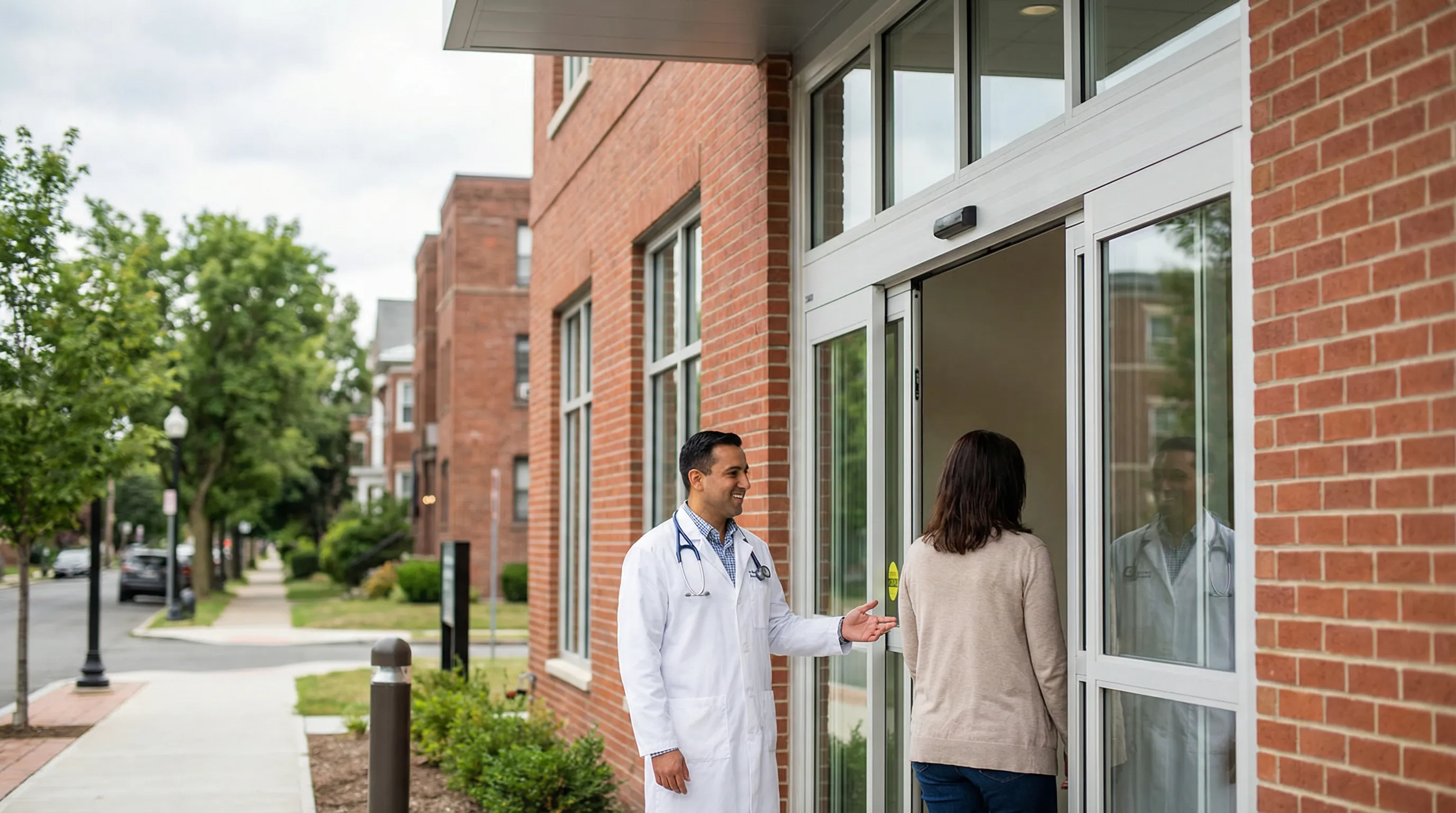 Healthcare provider in white coat greeting a patient at an accessible independent clinic entrance in Springfield, MA