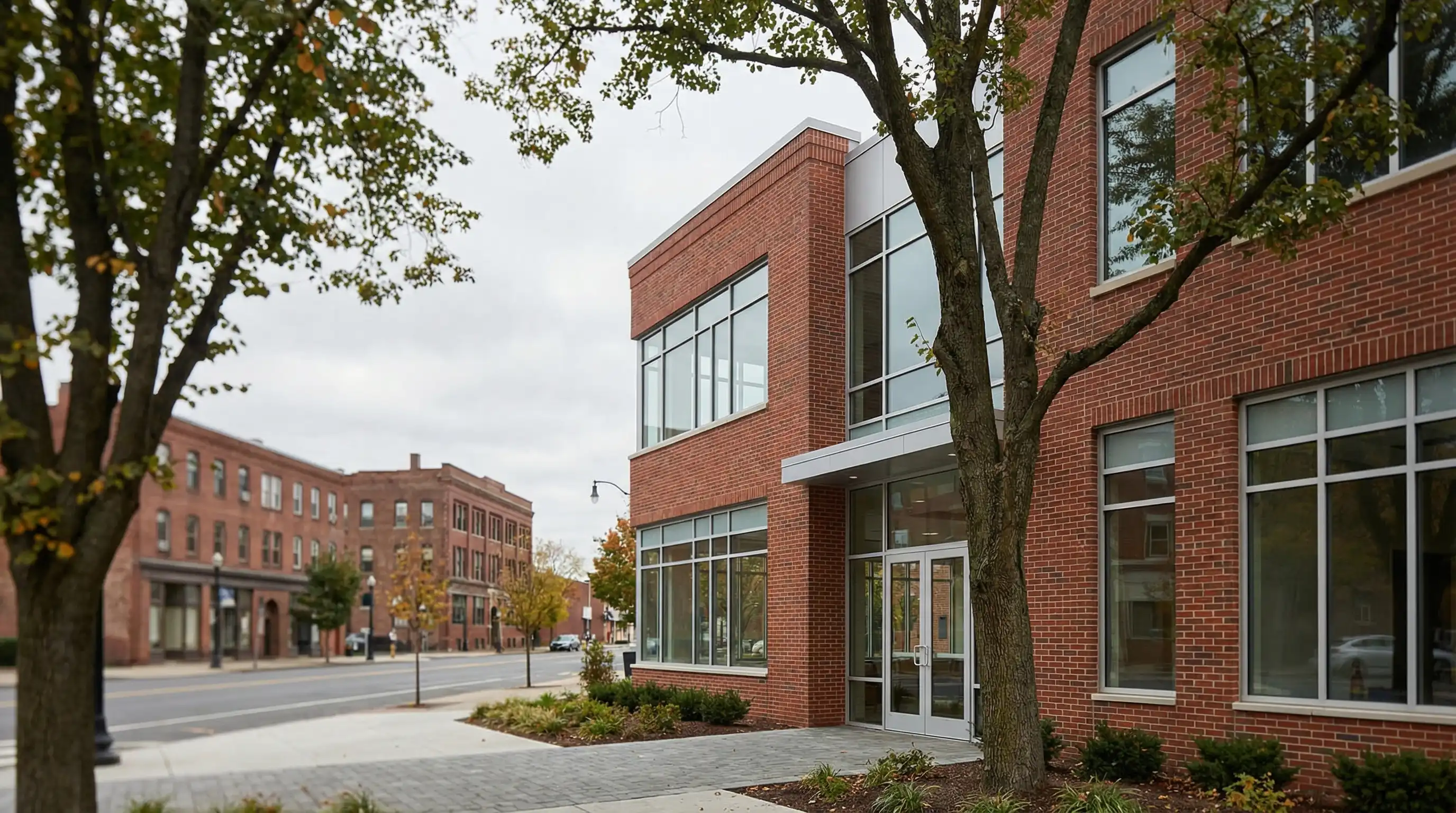 Modern dental office reception in Springfield, MA with a friendly dental hygienist in scrubs welcoming a patient at the front desk
