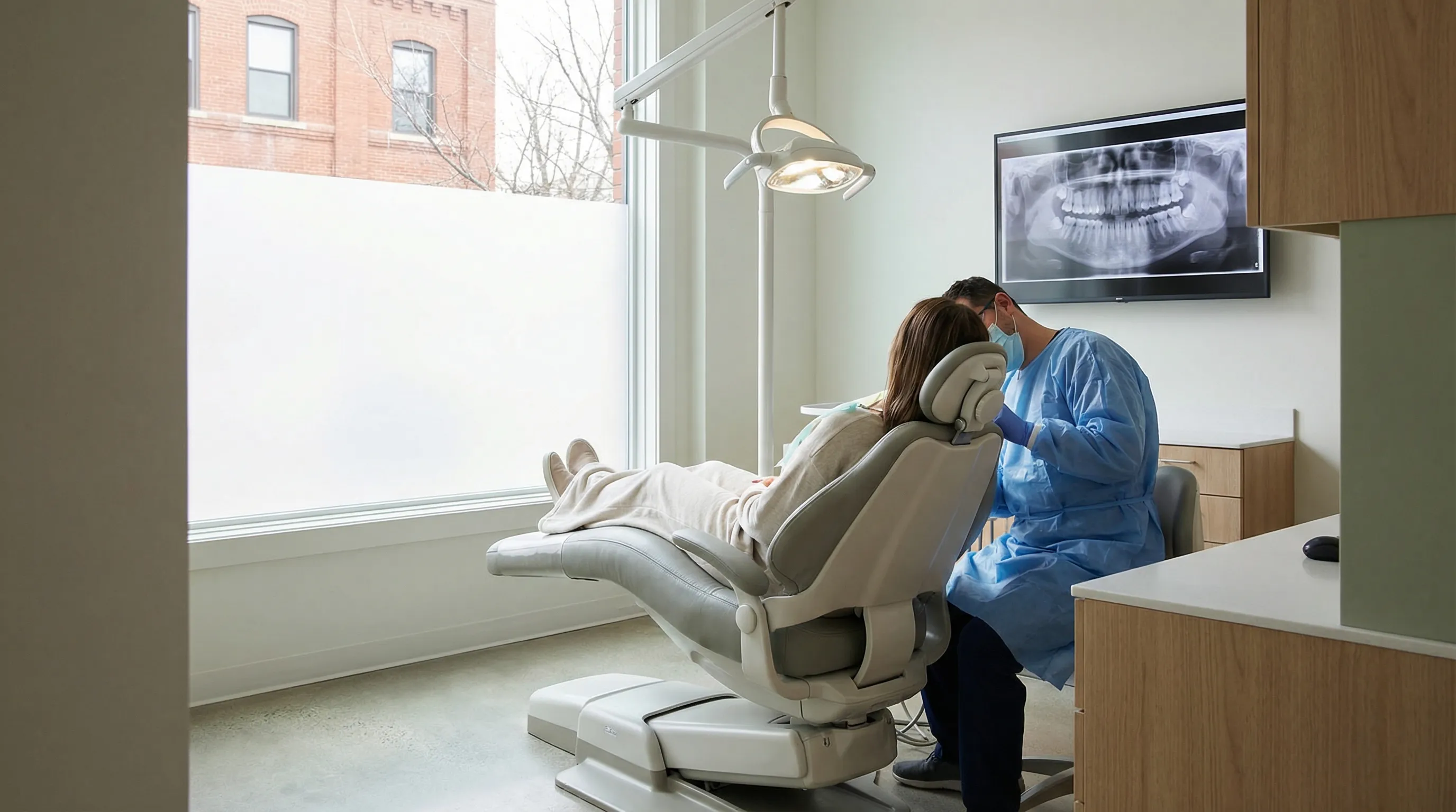 Modern dental office reception in Springfield, MA with a friendly dental hygienist in scrubs welcoming a patient at the front desk