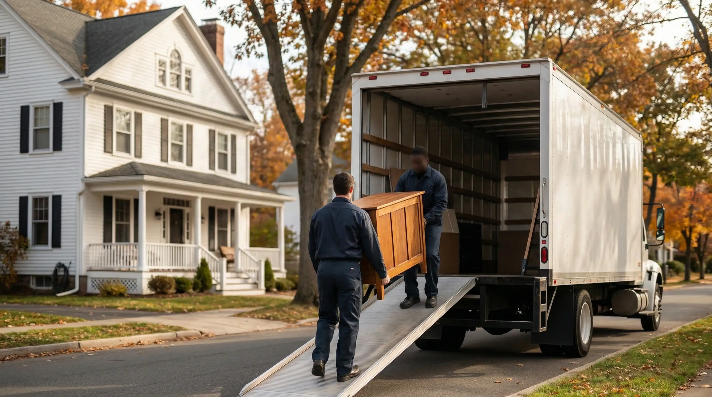 Professional moving crew in branded uniforms loading a truck outside a two-story colonial home on a Springfield, MA residential street