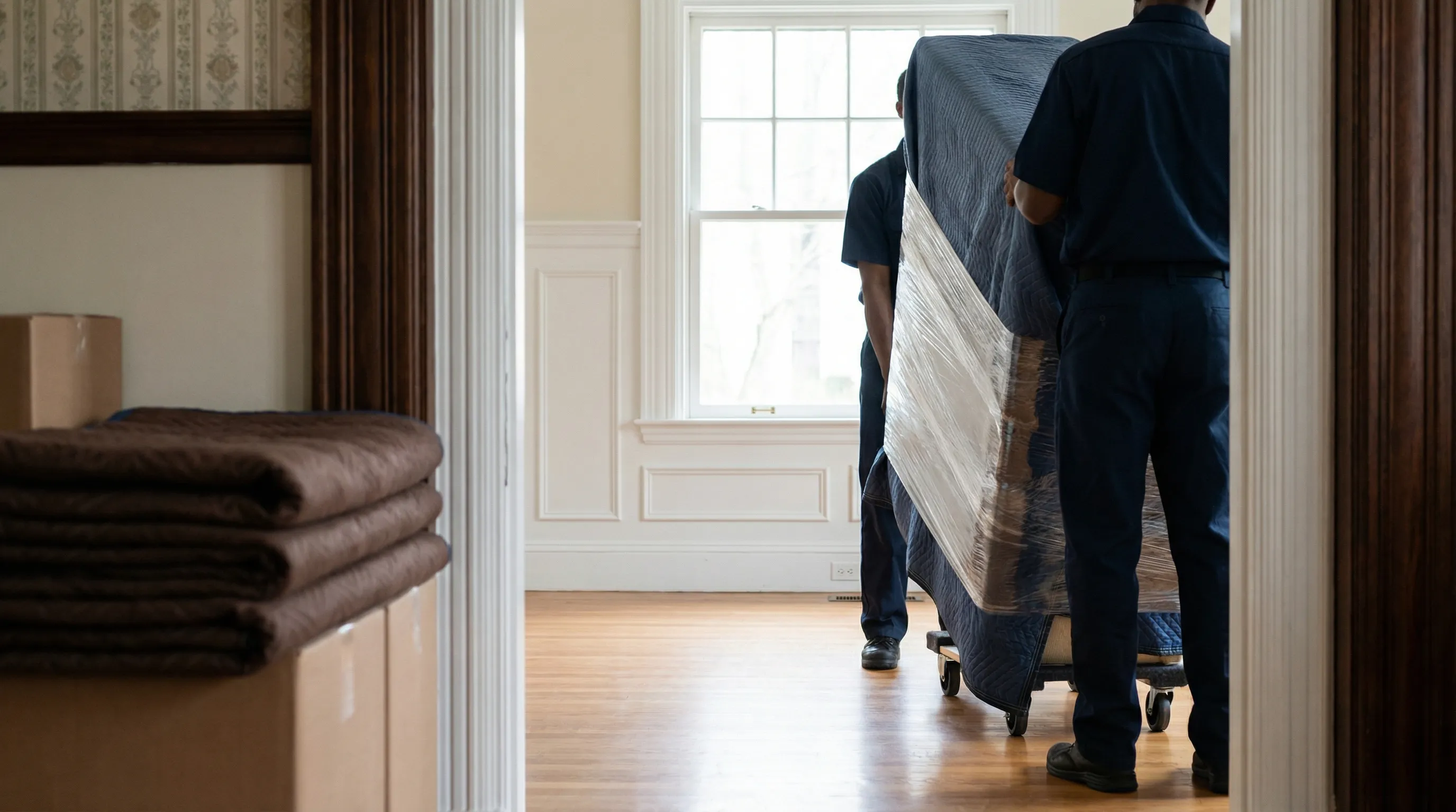 Professional moving crew in branded uniforms loading a truck outside a two-story colonial home on a Springfield, MA residential street