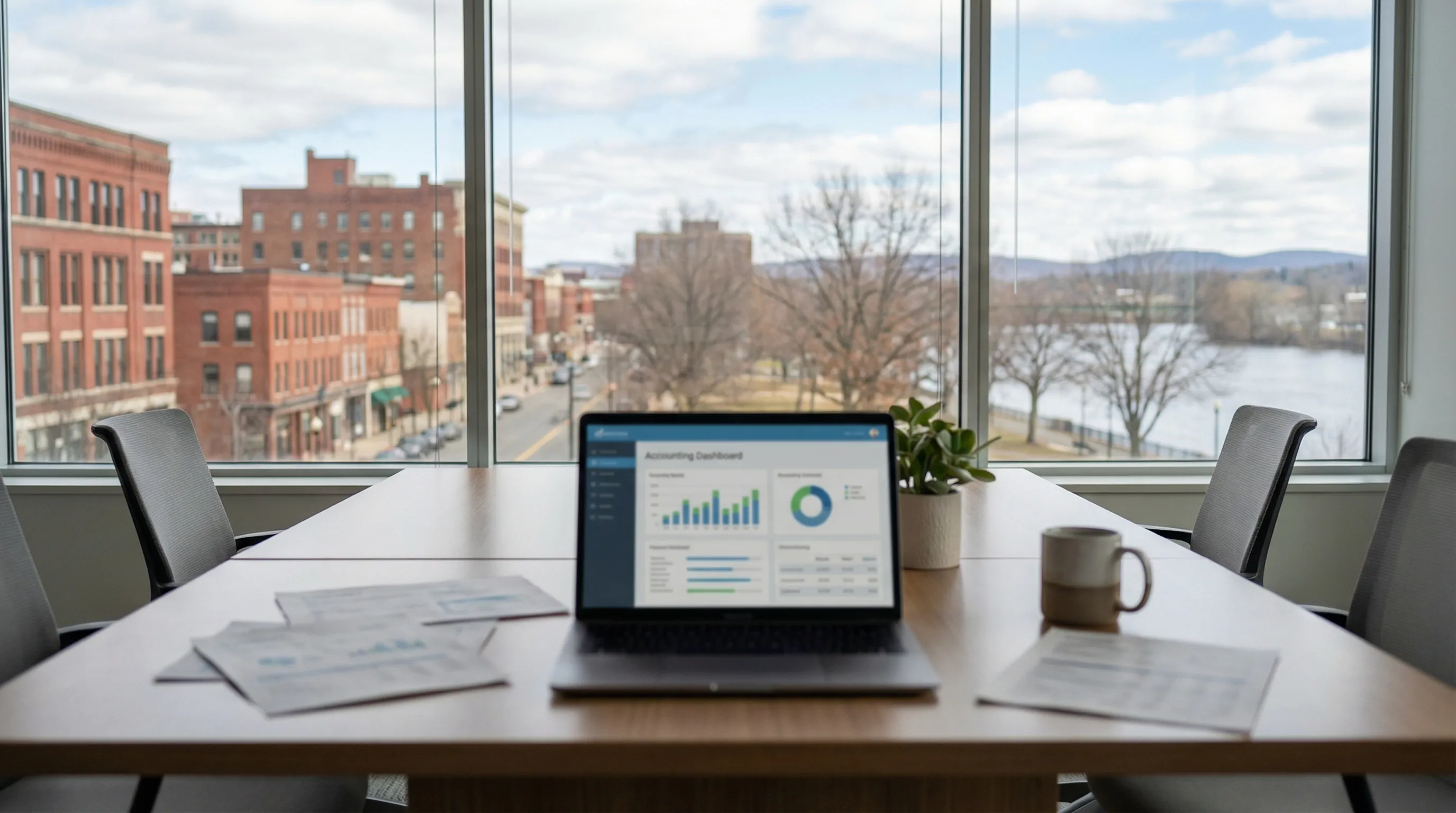 CPA and small business owner reviewing financial documents together at a conference table inside a Springfield, MA accounting office