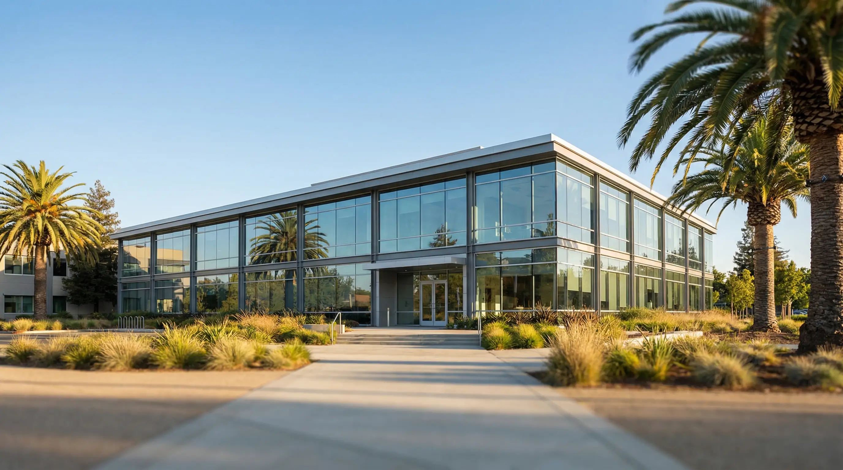 Professional Silicon Valley law office exterior in Sunnyvale, CA, with glass facade, California palm trees, and warm afternoon light