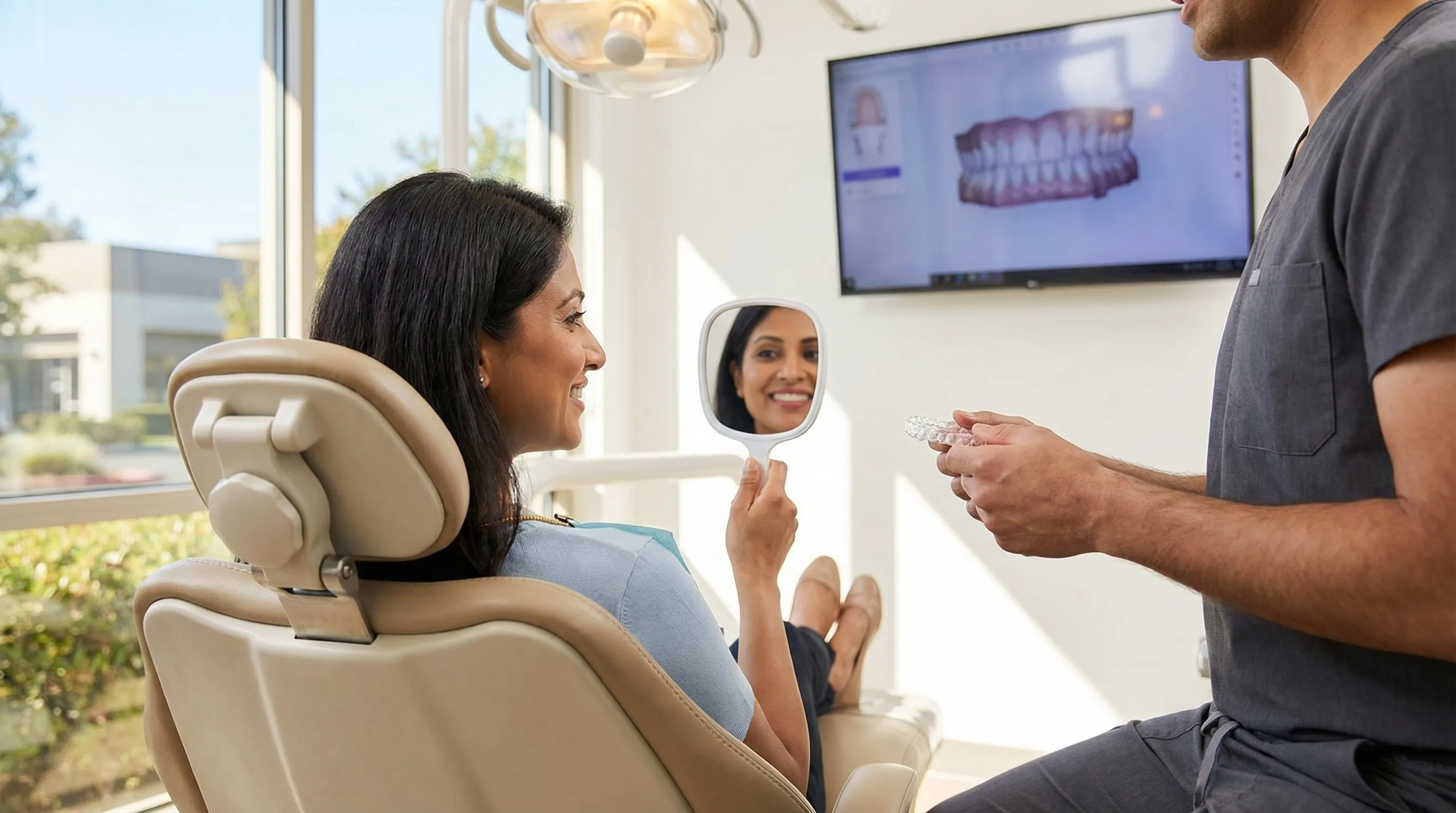 Modern dental office consultation room in Sunnyvale, CA, with professional dentist and patient reviewing Invisalign treatment under warm California light