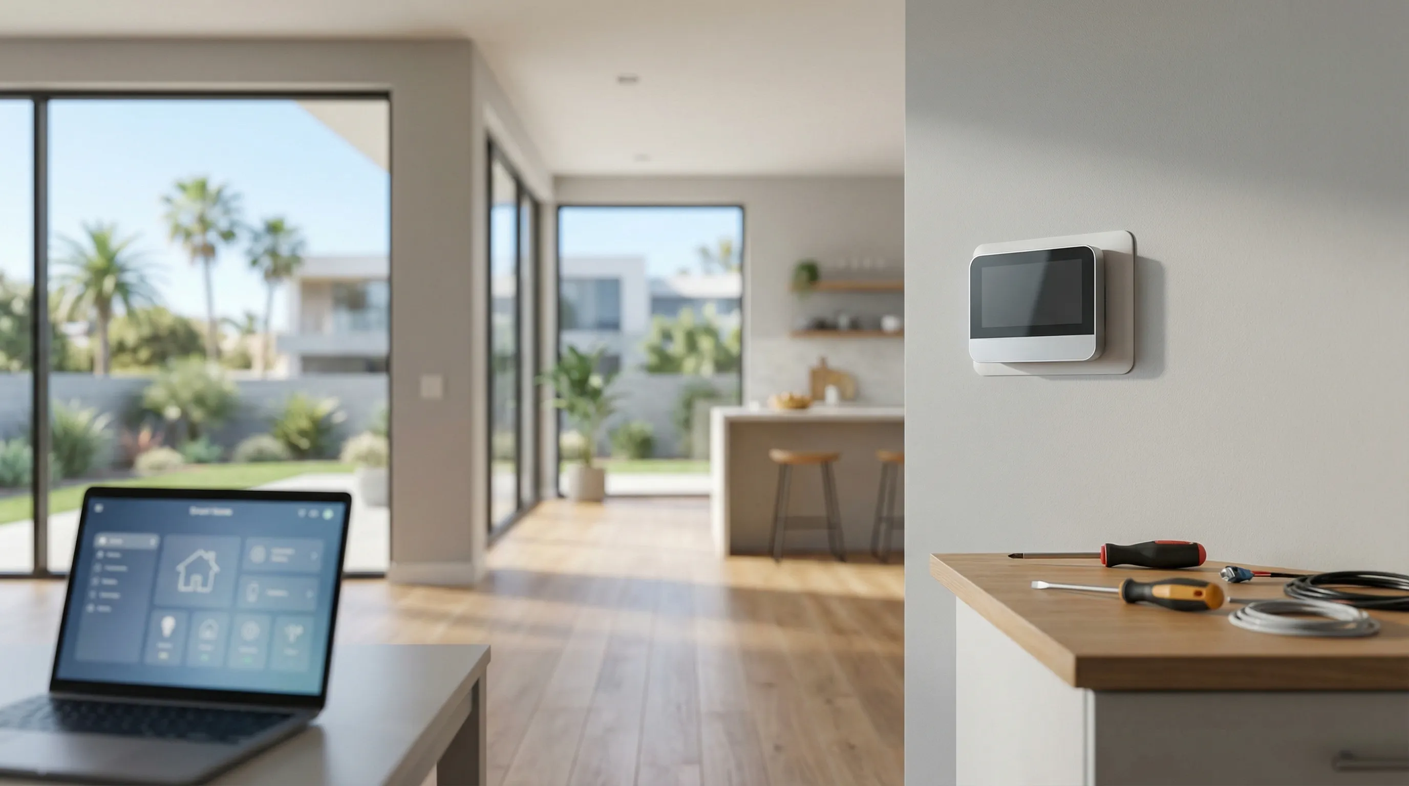 HVAC technician installing Nest smart thermostat in a modern Sunnyvale home with Silicon Valley tech professional homeowner watching, warm California light