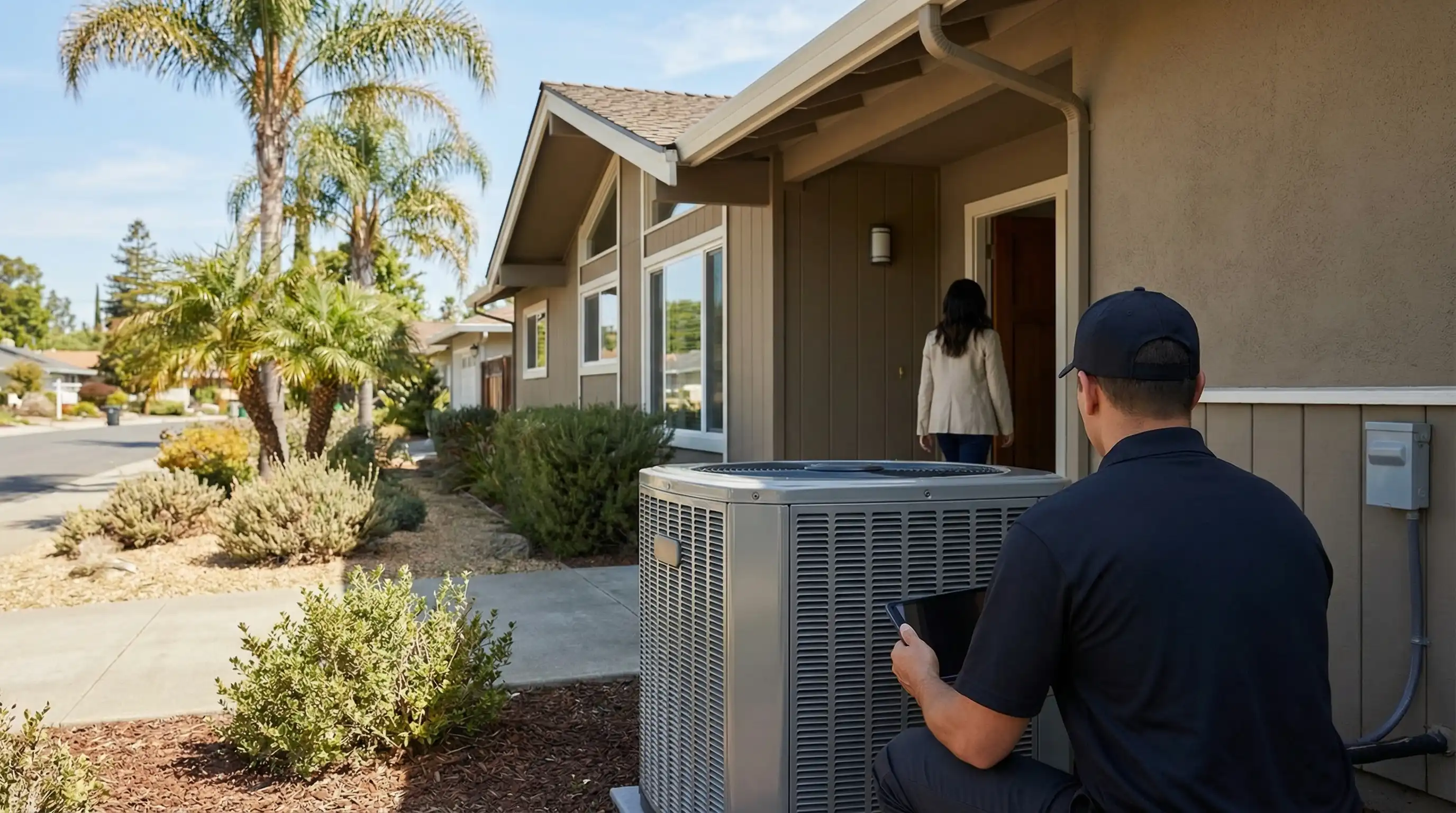 HVAC technician installing Nest smart thermostat in a modern Sunnyvale home with Silicon Valley tech professional homeowner watching, warm California light