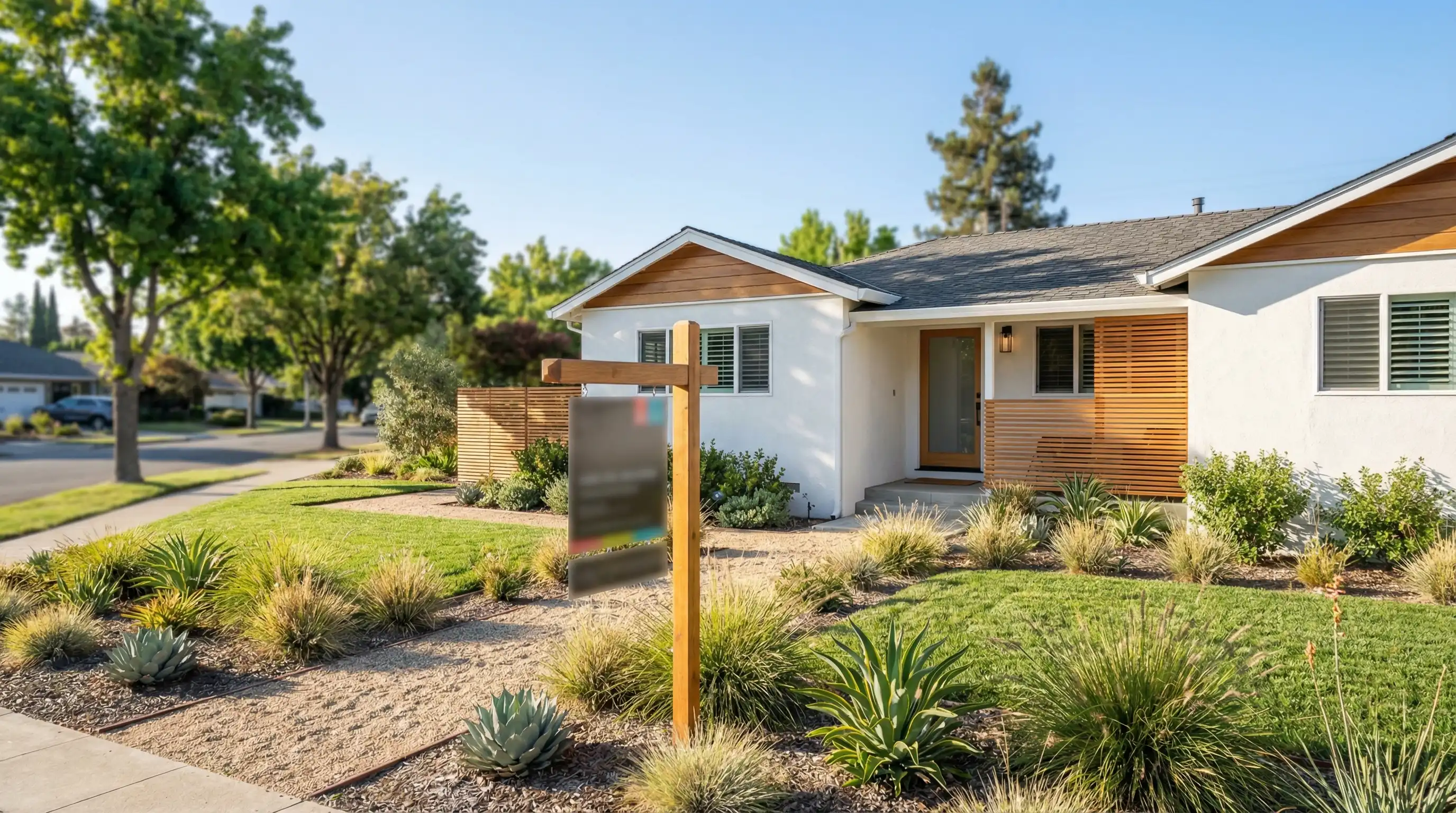 Real estate agent showing modern Sunnyvale ranch-style home to tech professional couple on sunny California afternoon with palm-lined street in background