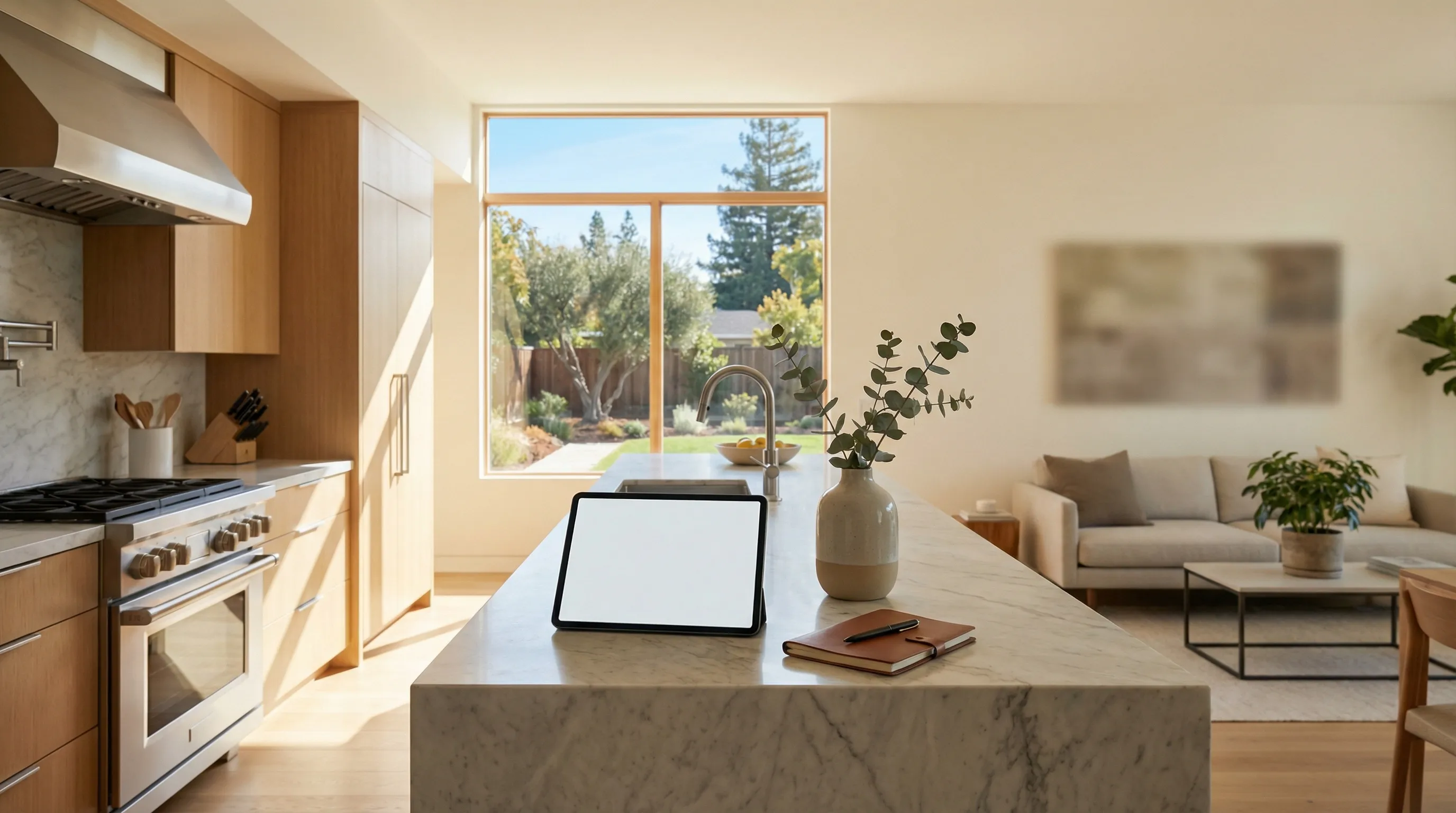 Real estate agent showing modern Sunnyvale ranch-style home to tech professional couple on sunny California afternoon with palm-lined street in background
