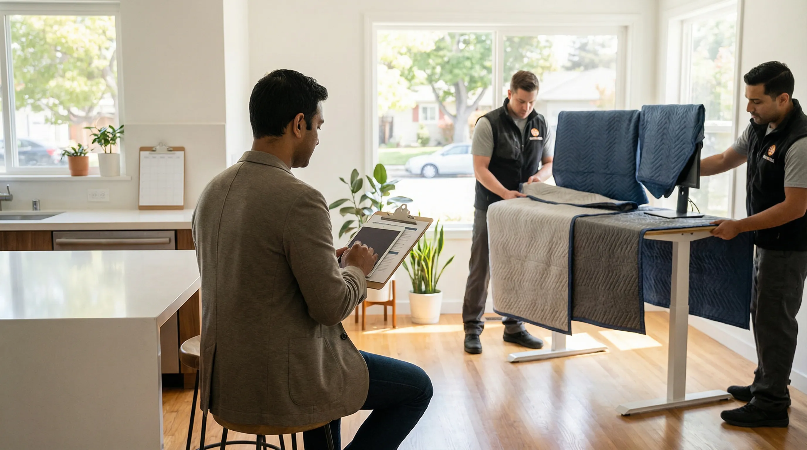 Two professional movers in branded polo shirts carefully carrying large framed artwork into a modern Sunnyvale townhome community on a bright California afternoon, white moving truck parked in clean suburban driveway