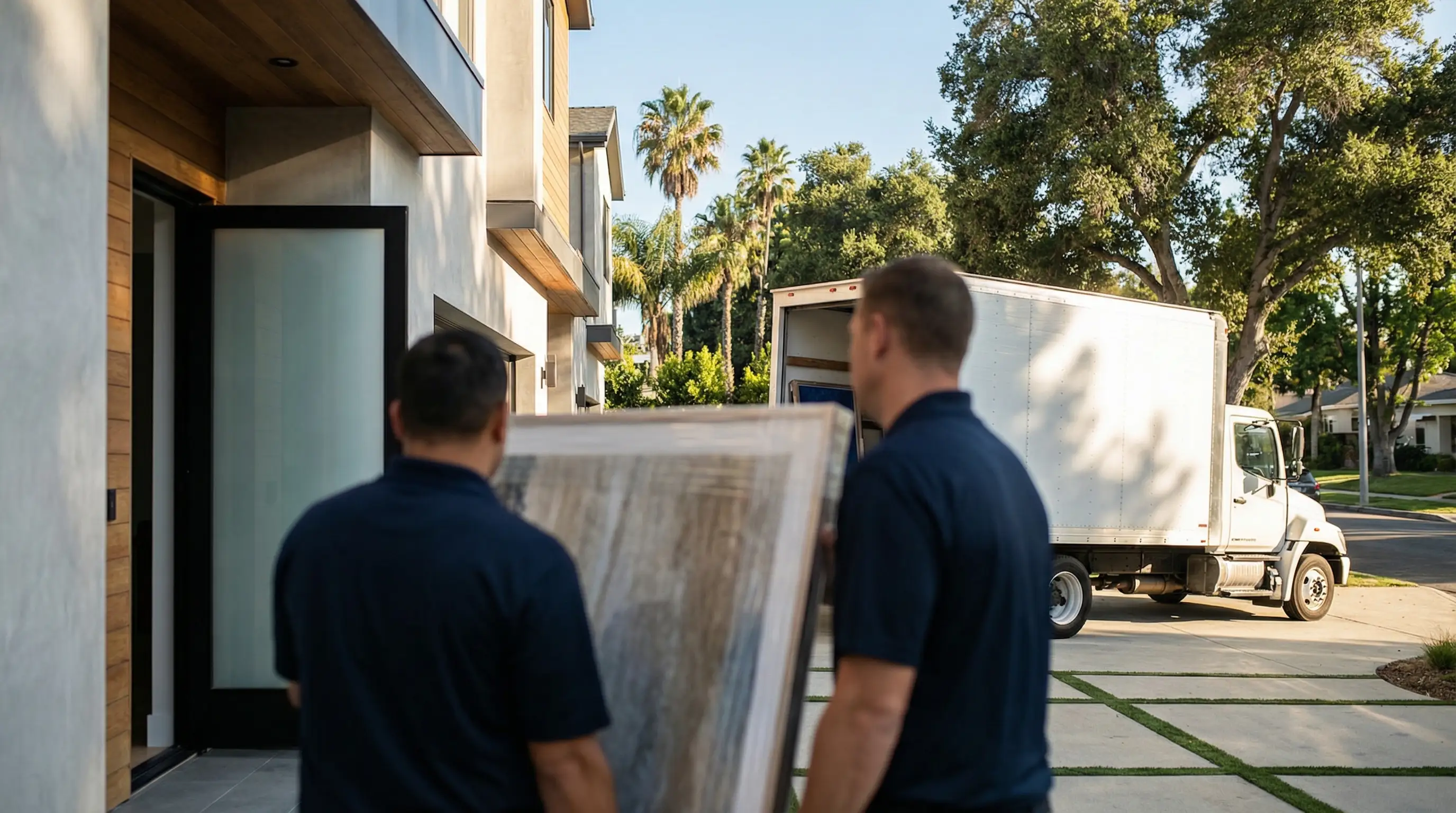 Two professional movers in branded polo shirts carefully carrying large framed artwork into a modern Sunnyvale townhome community on a bright California afternoon, white moving truck parked in clean suburban driveway