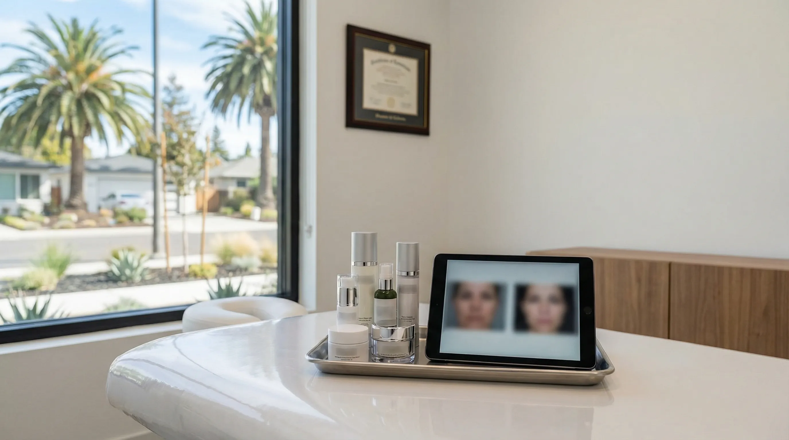 Licensed medical aesthetics provider in white coat reviewing results on a tablet with South Asian professional woman patient in warm modern Sunnyvale med spa treatment room, provider credentials visible on wall