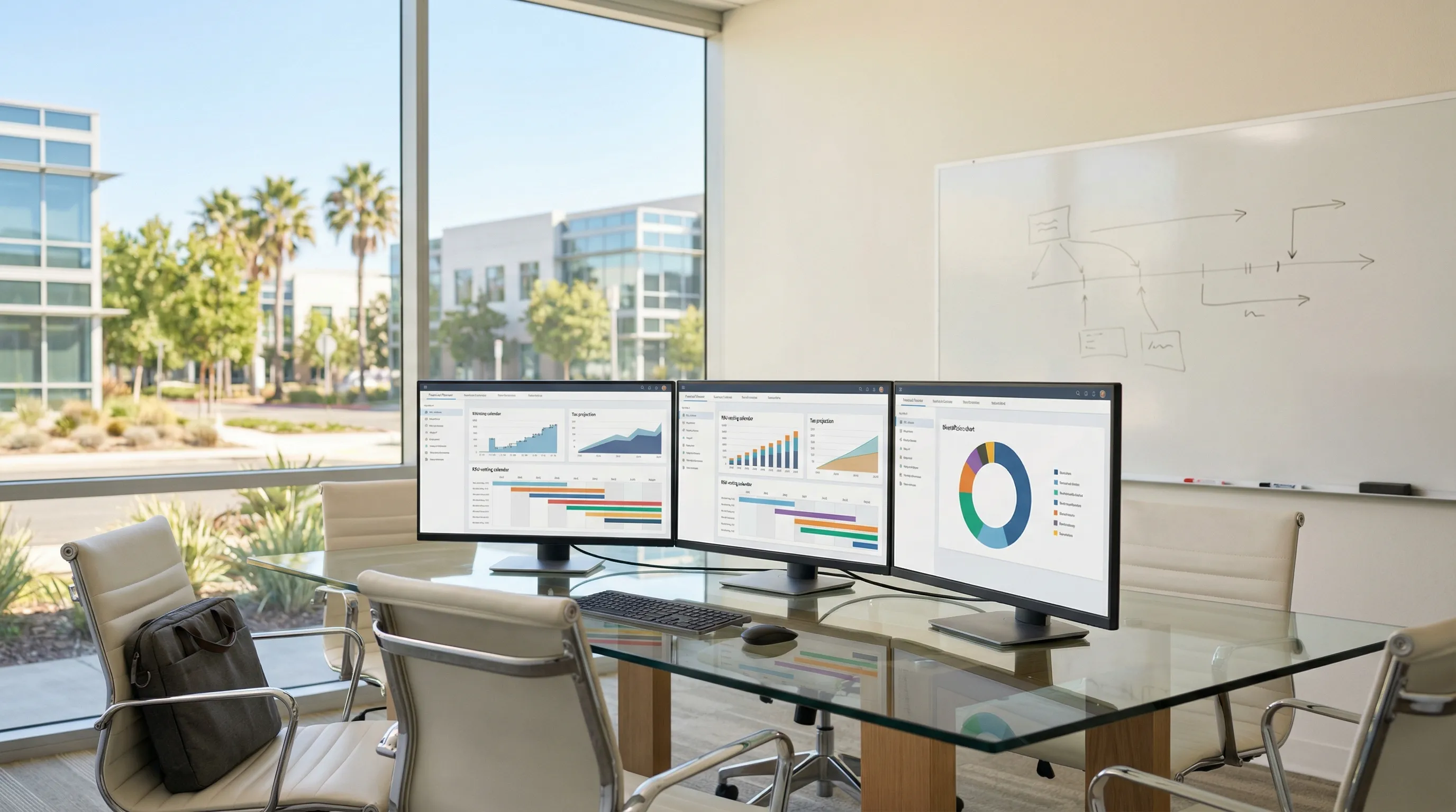 Financial advisor in modern Sunnyvale office reviewing RSU vesting calendar and tax projection dashboard with tech professional client at glass conference table, Sunnyvale street visible through large windows