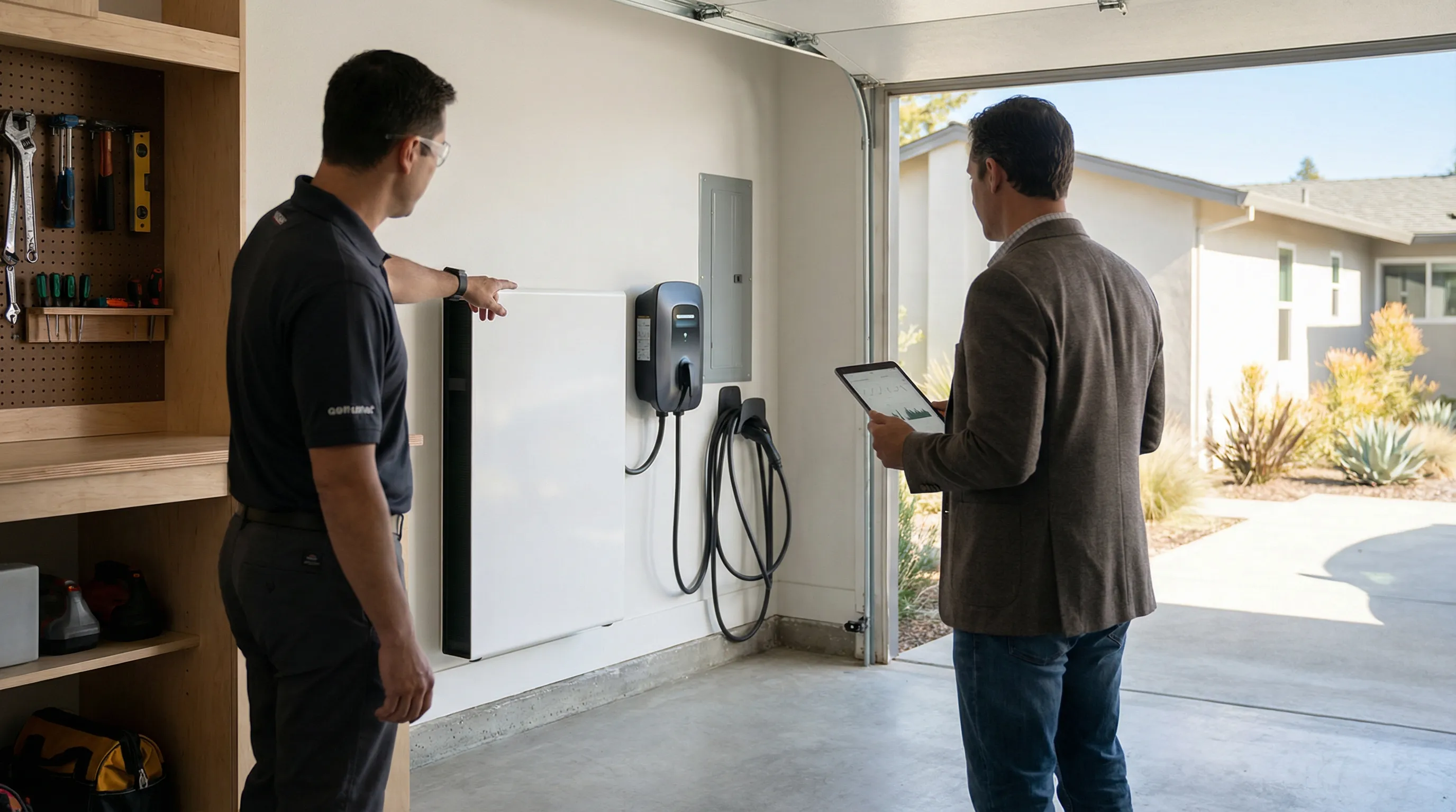 Solar installer in branded polo and safety glasses pointing to newly installed Tesla Powerwall on Sunnyvale garage wall while homeowner reviews Powerwall app on tablet showing solar production and EV charging status, Level 2 charger visible beside unit