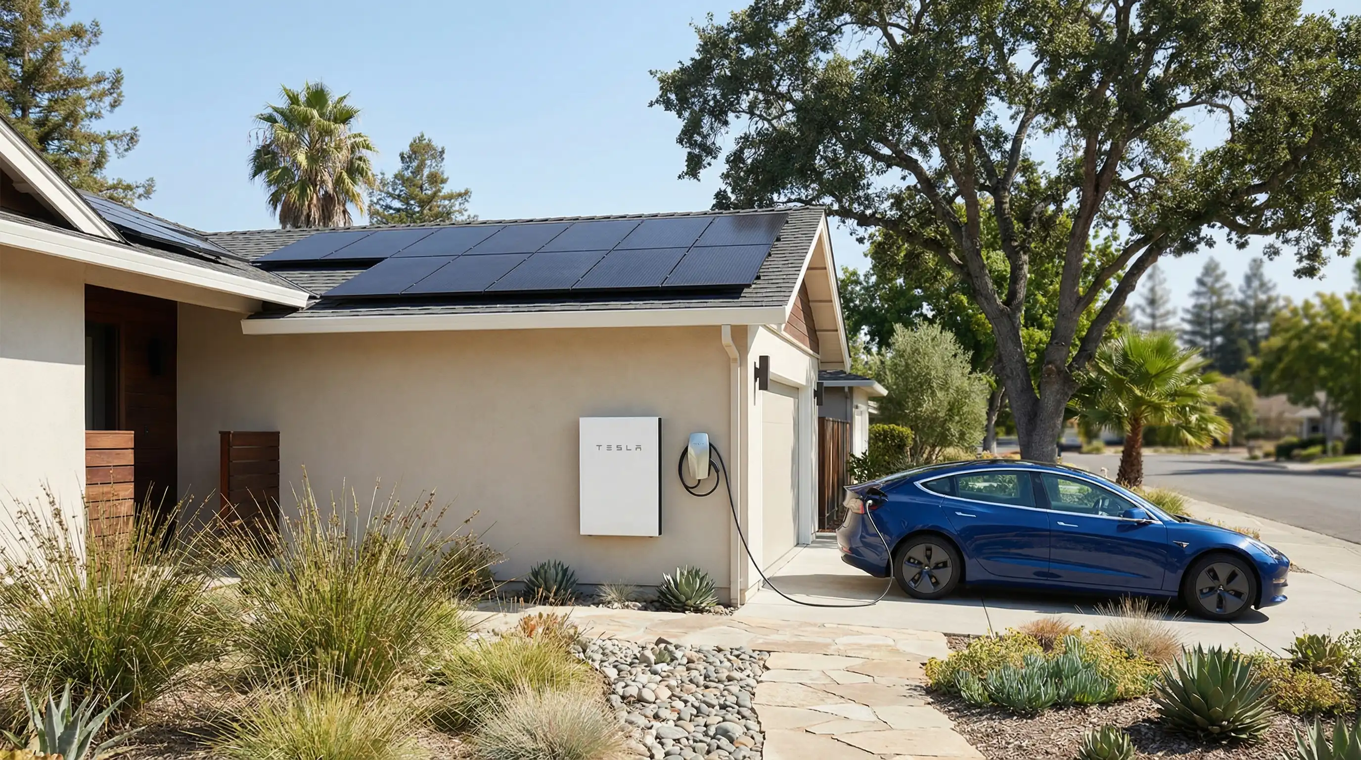 Solar installer in branded polo and safety glasses pointing to newly installed Tesla Powerwall on Sunnyvale garage wall while homeowner reviews Powerwall app on tablet showing solar production and EV charging status, Level 2 charger visible beside unit