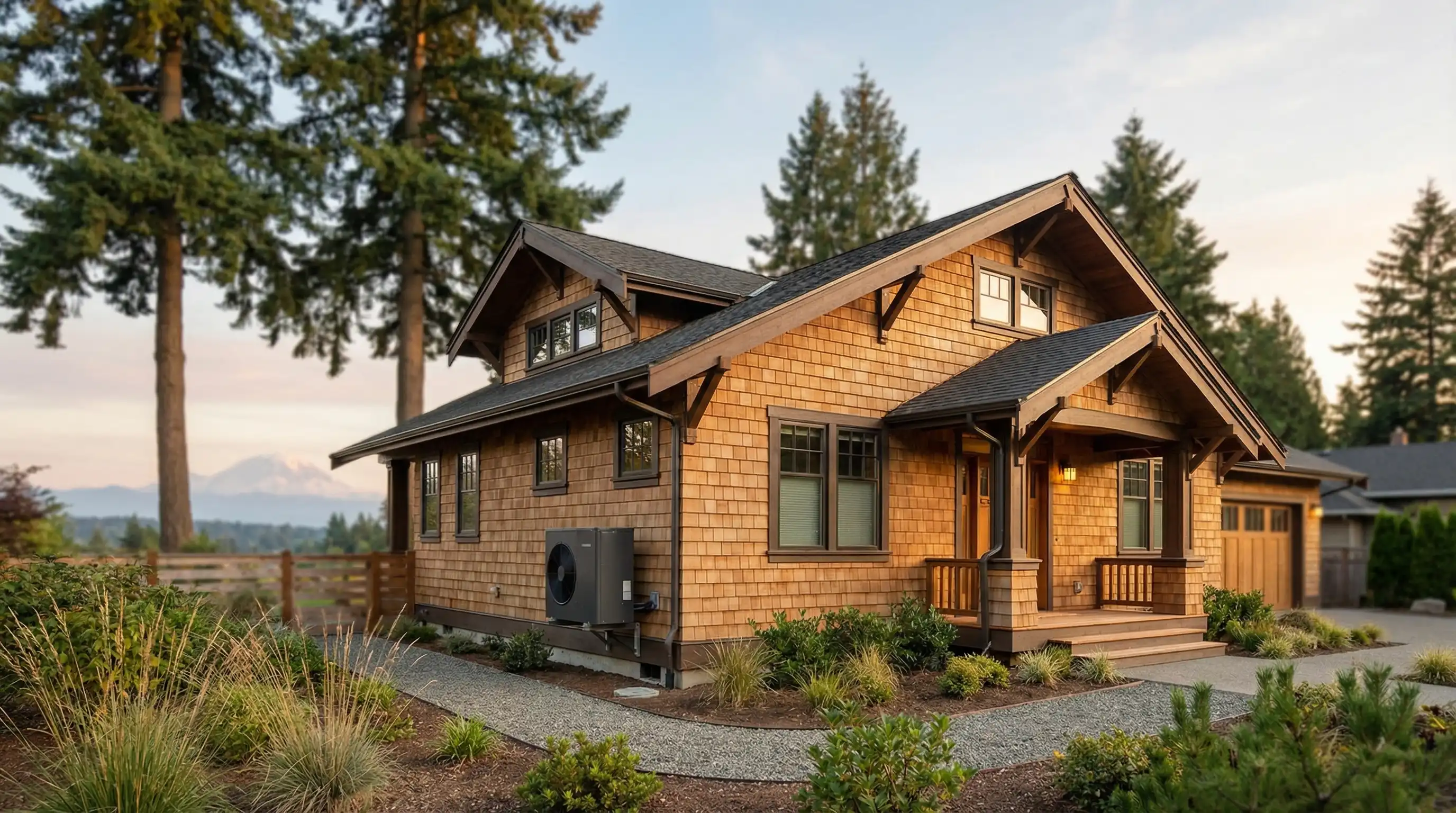HVAC technician servicing a heat pump unit at a modern Bellevue home with Cascade Mountains visible in background