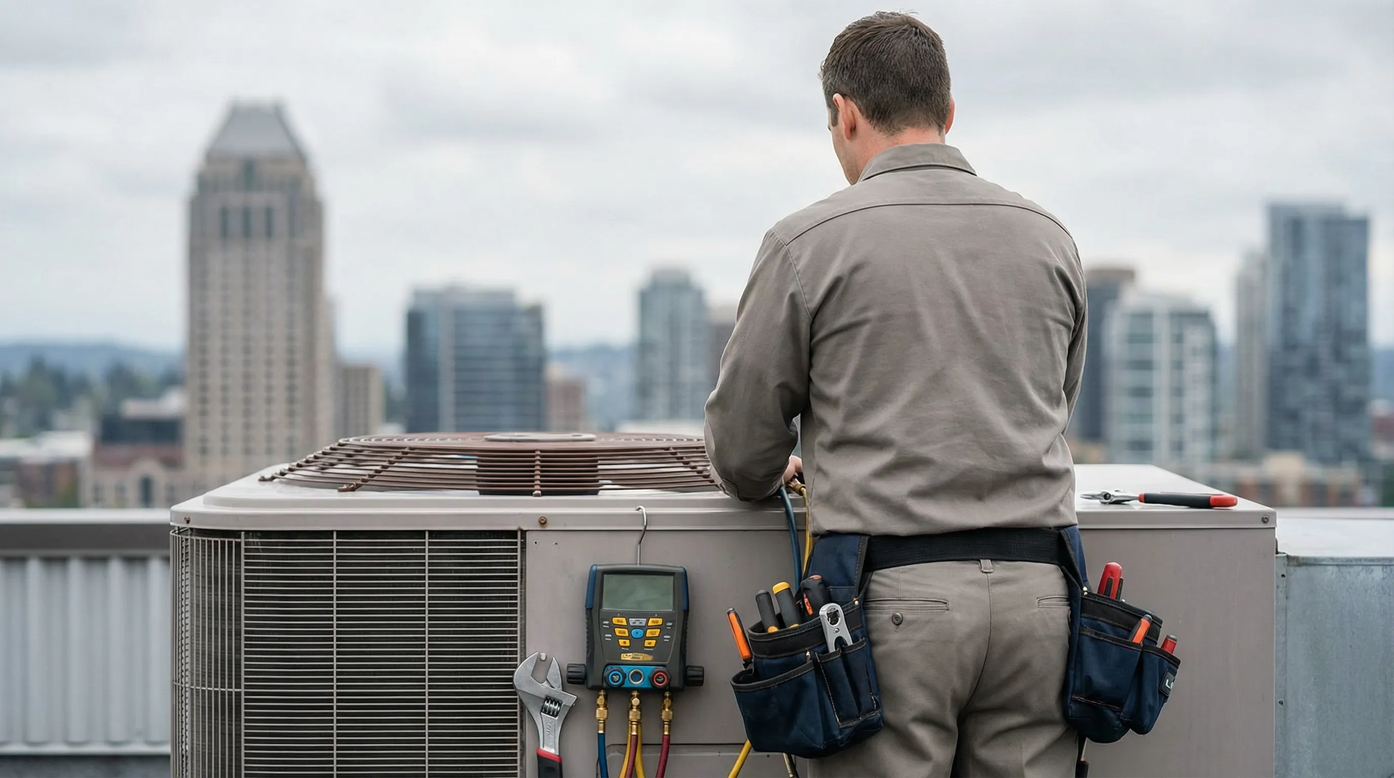 HVAC technician servicing a heat pump unit at a modern Bellevue home with Cascade Mountains visible in background