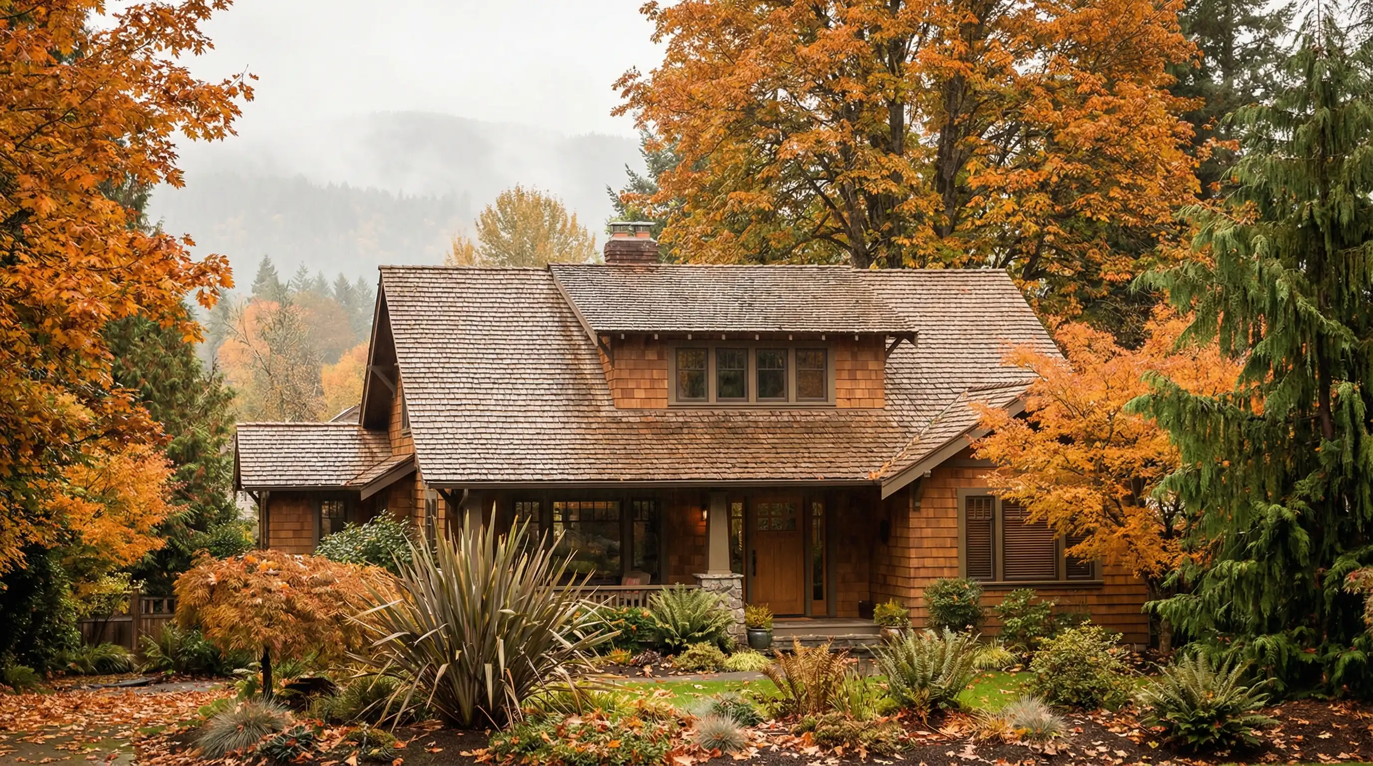 Two roofing professionals installing architectural shingles on a steeply-pitched Bellevue home with mature Pacific Northwest trees visible below