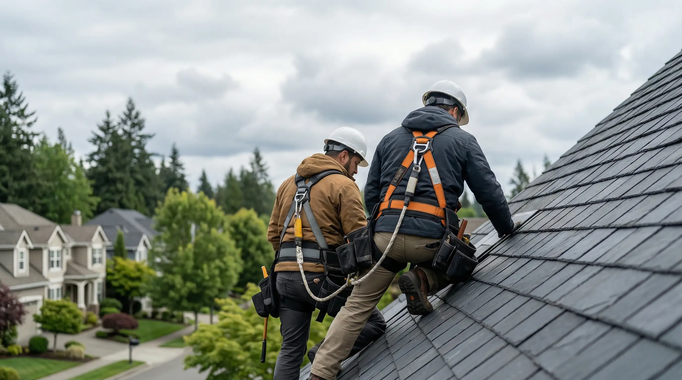 Two roofing professionals installing architectural shingles on a steeply-pitched Bellevue home with mature Pacific Northwest trees visible below