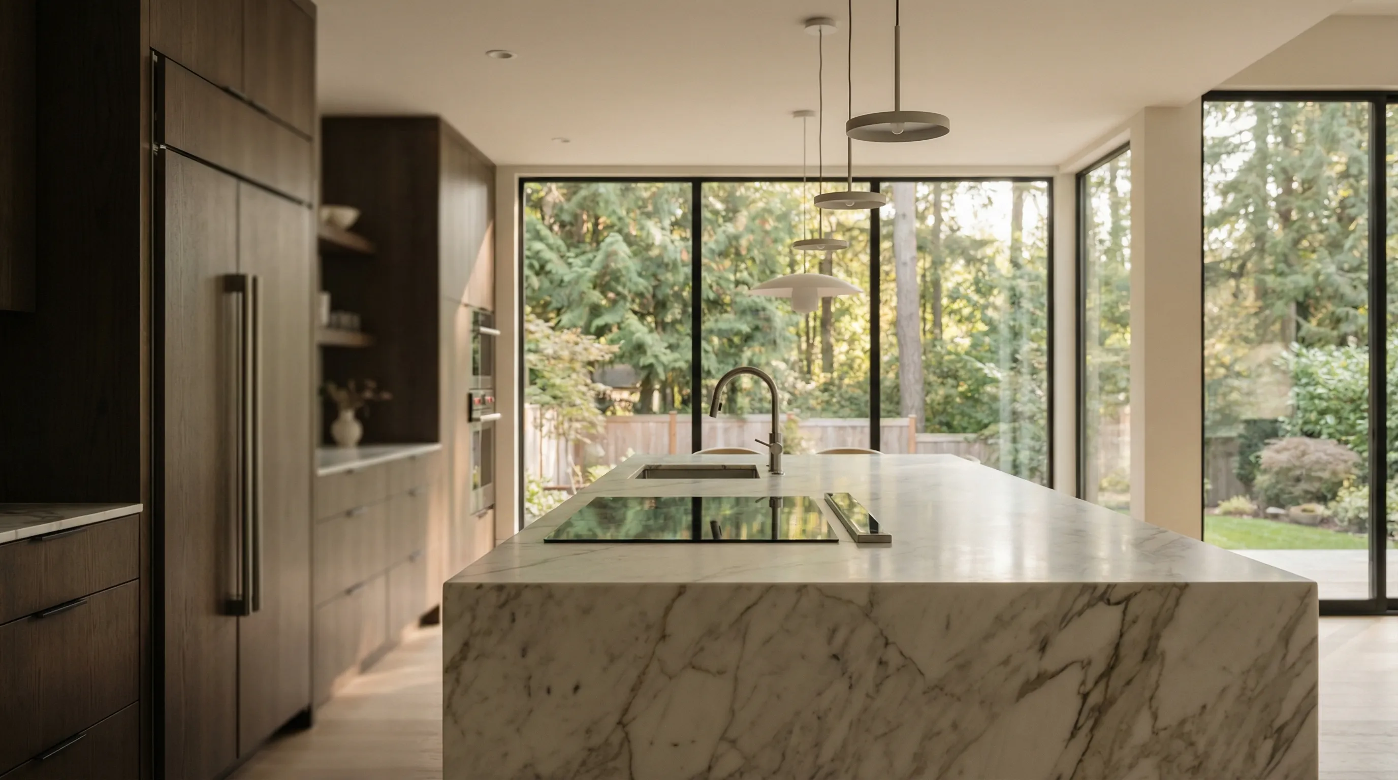 Interior designer reviewing renovation blueprints with homeowners at a kitchen table in a Bellevue craftsman home with natural light and material samples visible