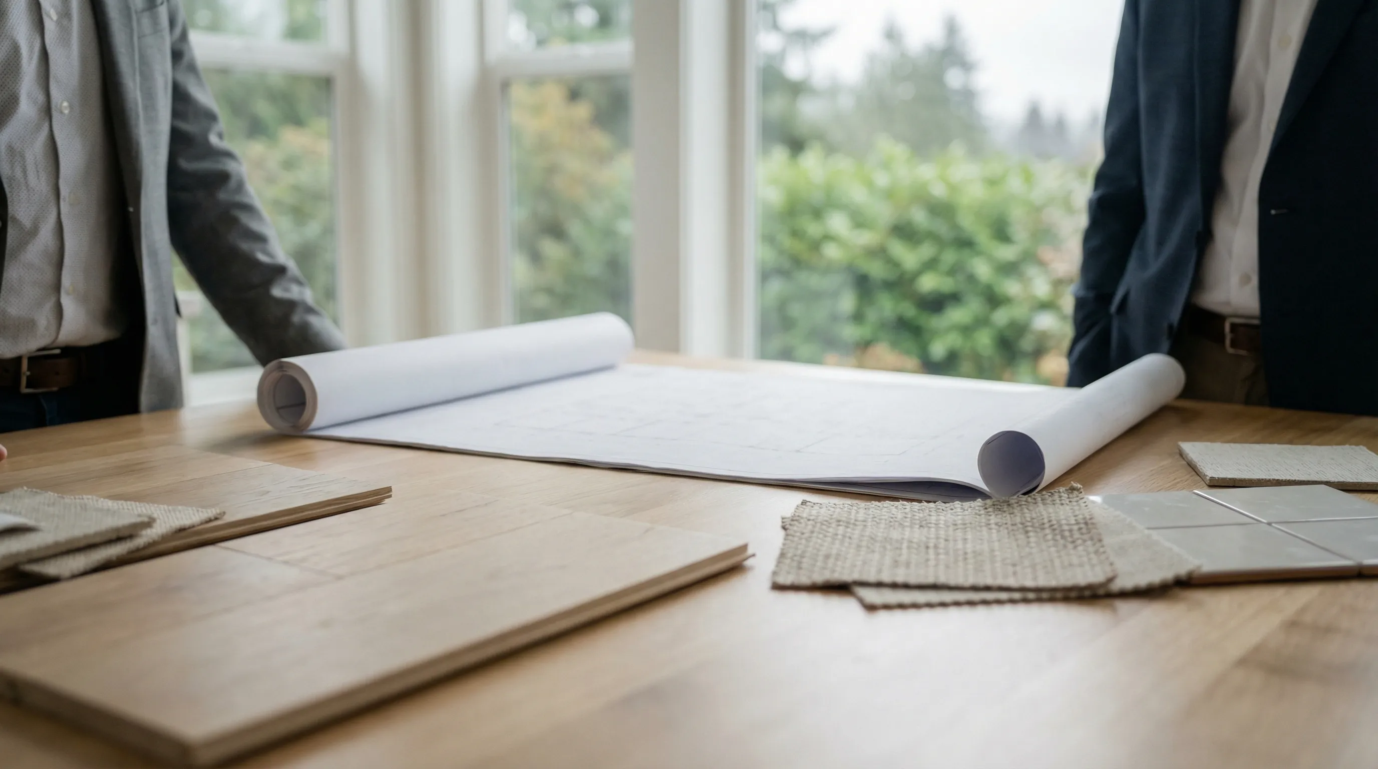 Interior designer reviewing renovation blueprints with homeowners at a kitchen table in a Bellevue craftsman home with natural light and material samples visible