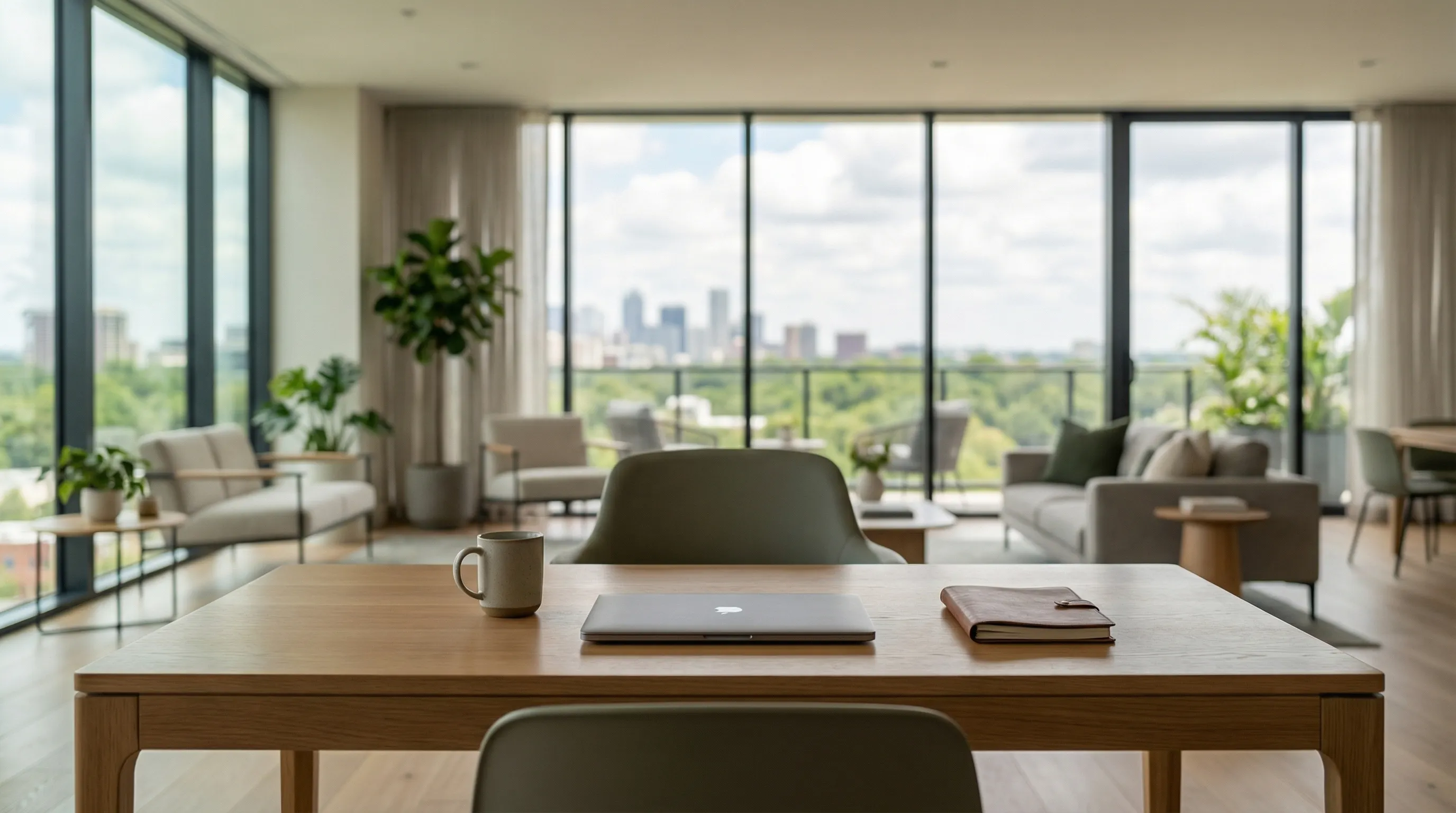 Real estate agent showing a couple through a modern open-plan Bellevue home with floor-to-ceiling windows overlooking Lake Washington