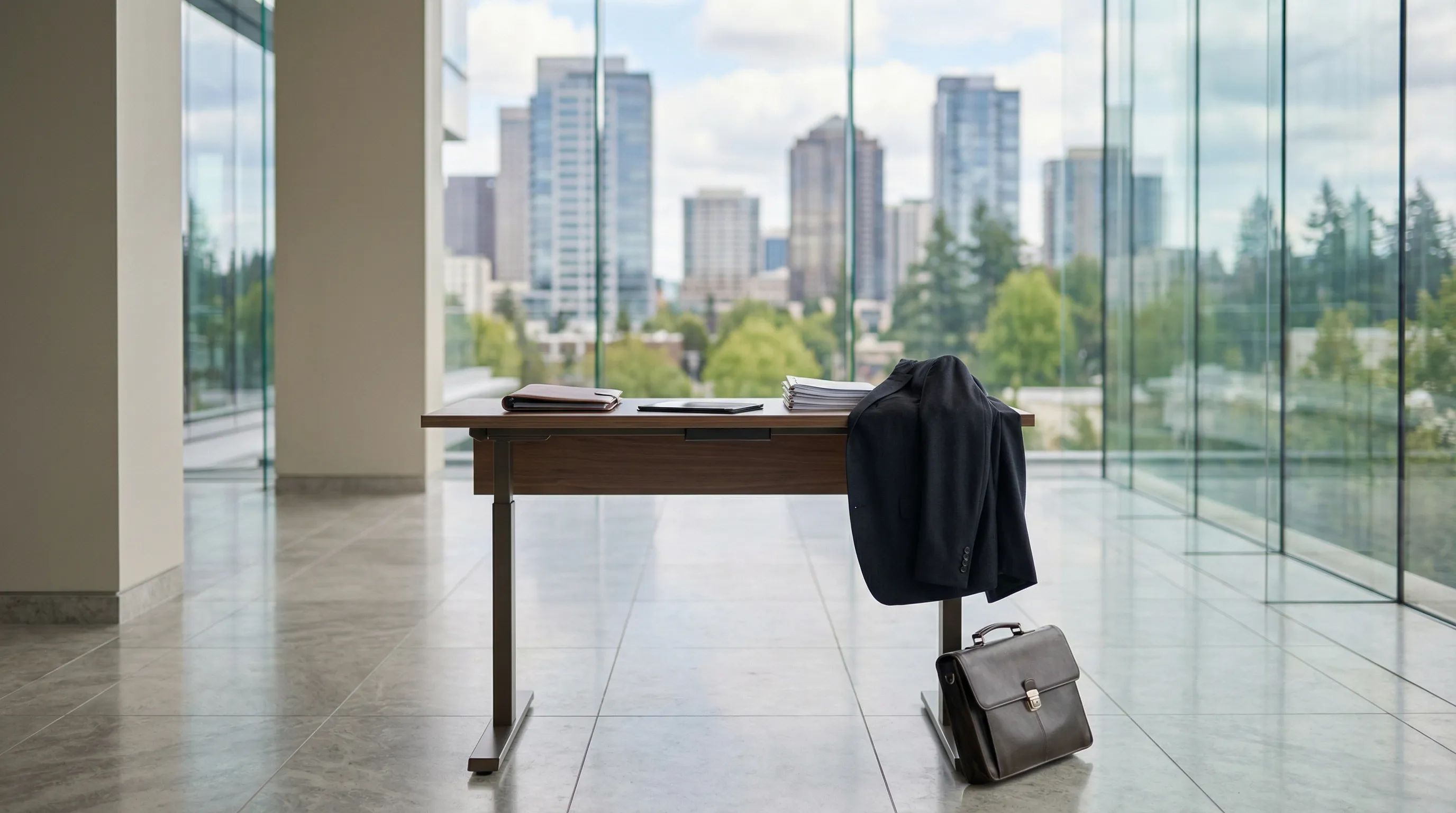 Professional legal consultation in a modern Bellevue high-rise office, attorney reviewing documents with a client, city skyline visible through floor-to-ceiling windows.