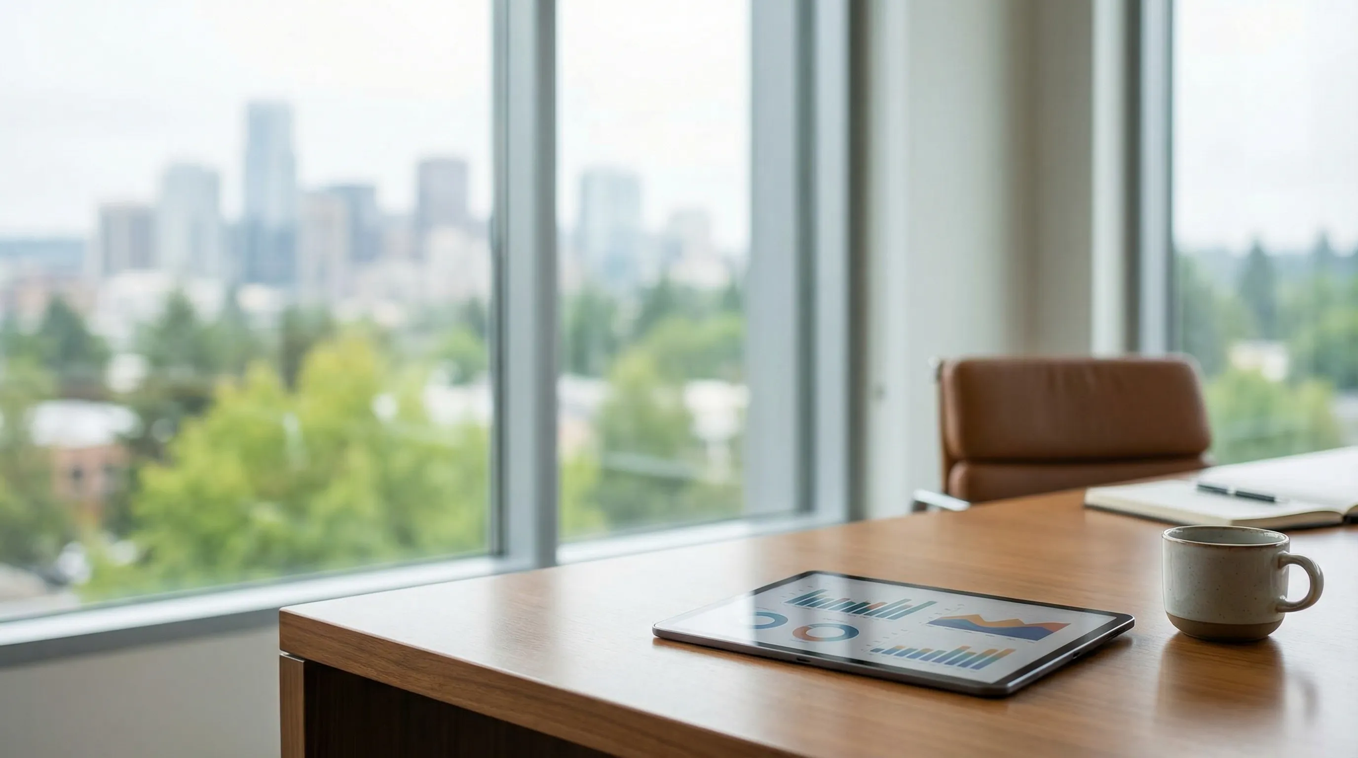 Financial advisor presenting retirement projections on a tablet to a professional couple in a modern Bellevue high-rise office, Lake Washington and Seattle skyline visible through floor-to-ceiling windows.