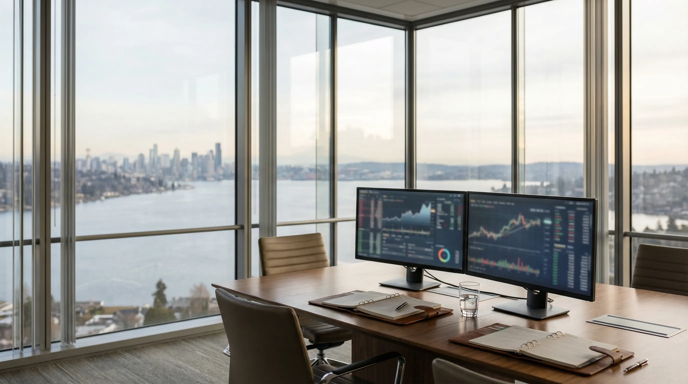 Financial advisor presenting retirement projections on a tablet to a professional couple in a modern Bellevue high-rise office, Lake Washington and Seattle skyline visible through floor-to-ceiling windows.