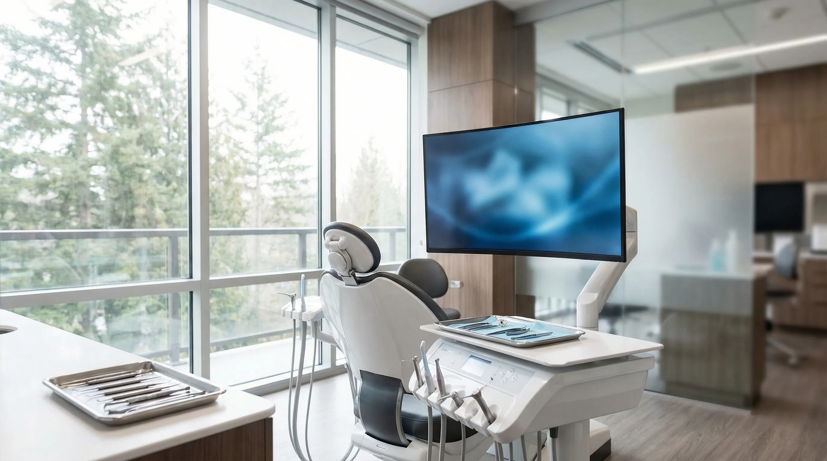 Bright modern dental office in Bellevue with a friendly dentist and patient, clean white operatory, natural light from large windows, premium Pacific Northwest aesthetic.