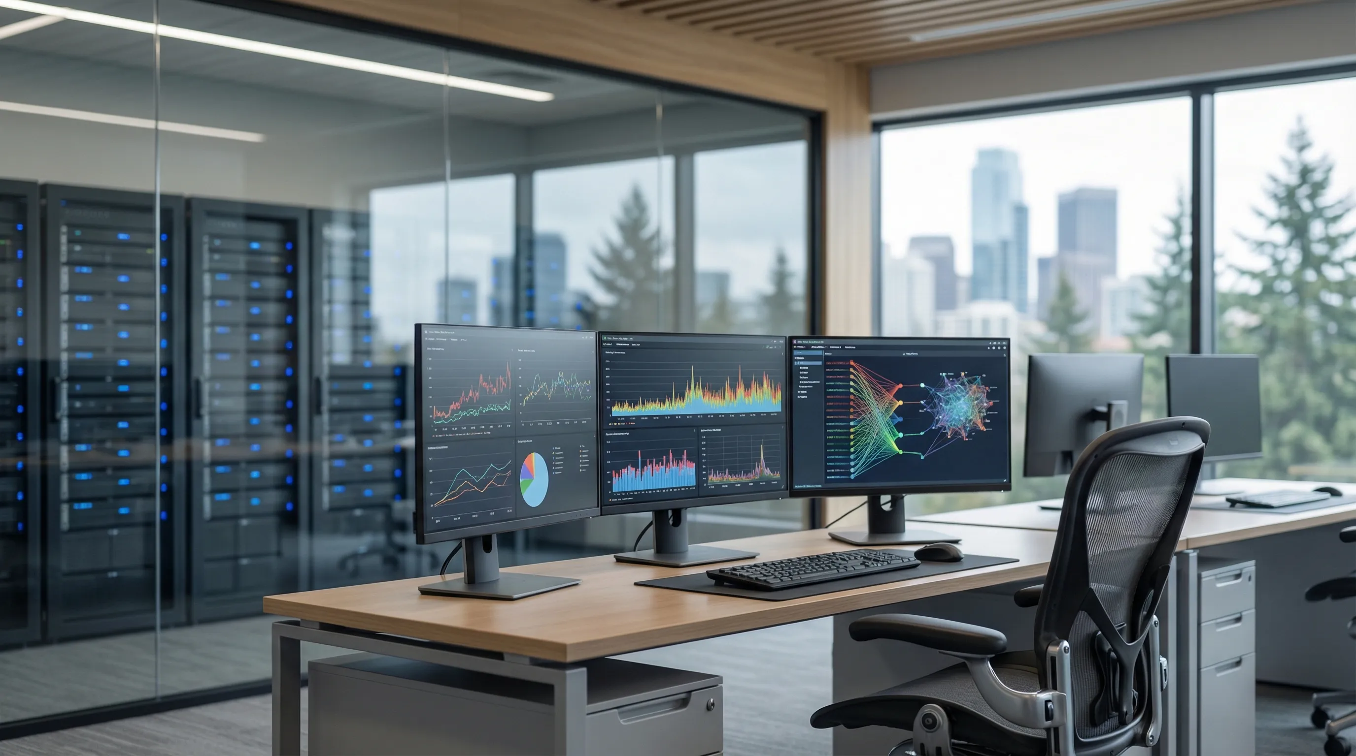 IT professional at a multi-monitor workstation with network monitoring dashboards in a modern Bellevue office, glass-paneled server room visible behind them, downtown Bellevue skyline through office windows.